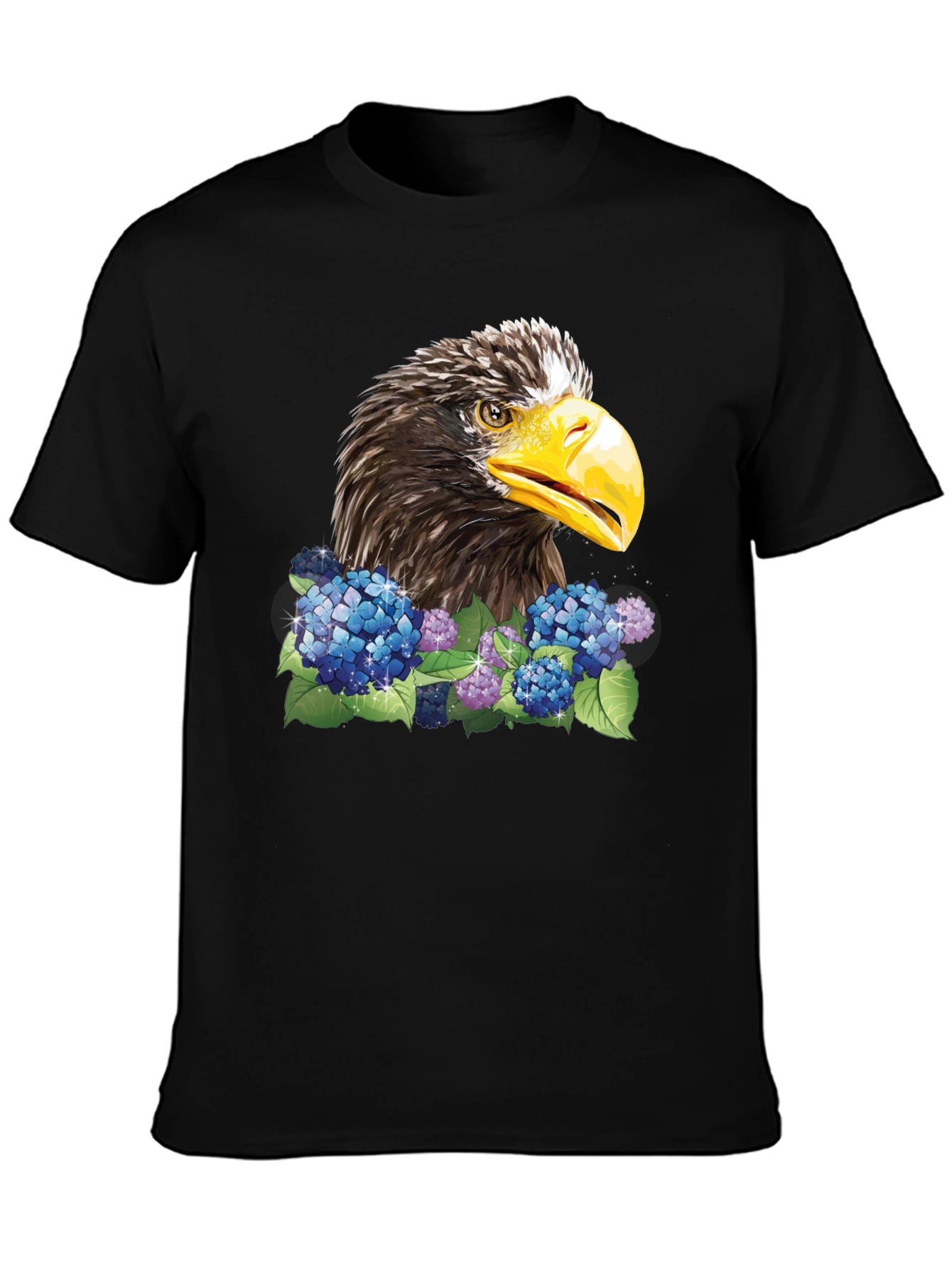 Eagle and Floral Print Black T-Shirt