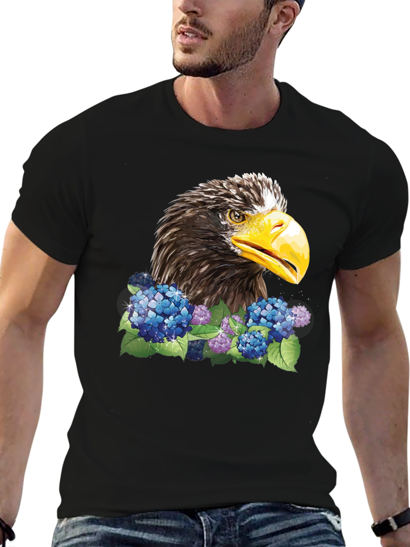 Eagle and Floral Print Black T-Shirt