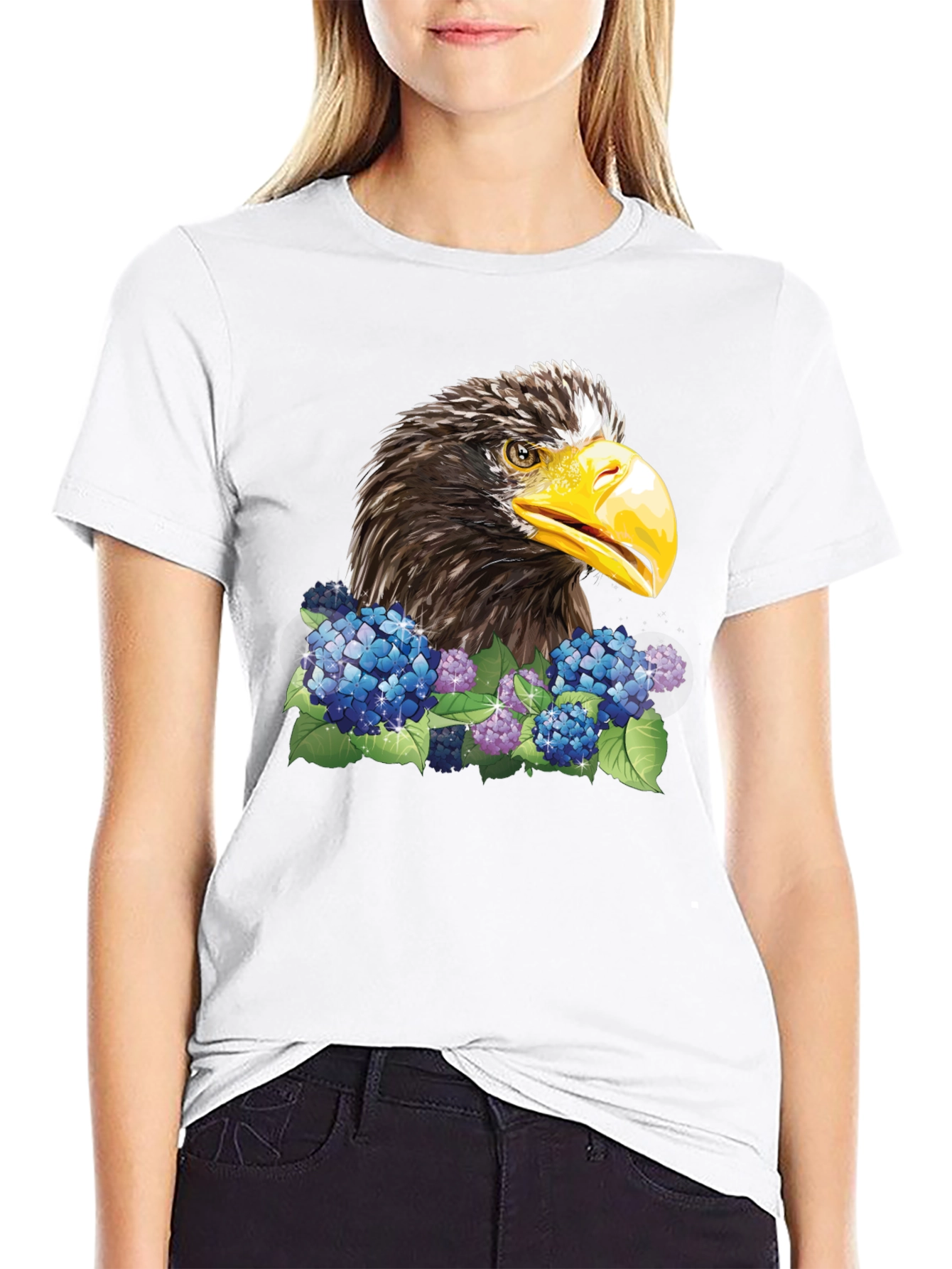 Eagle and Floral Print Black T-Shirt