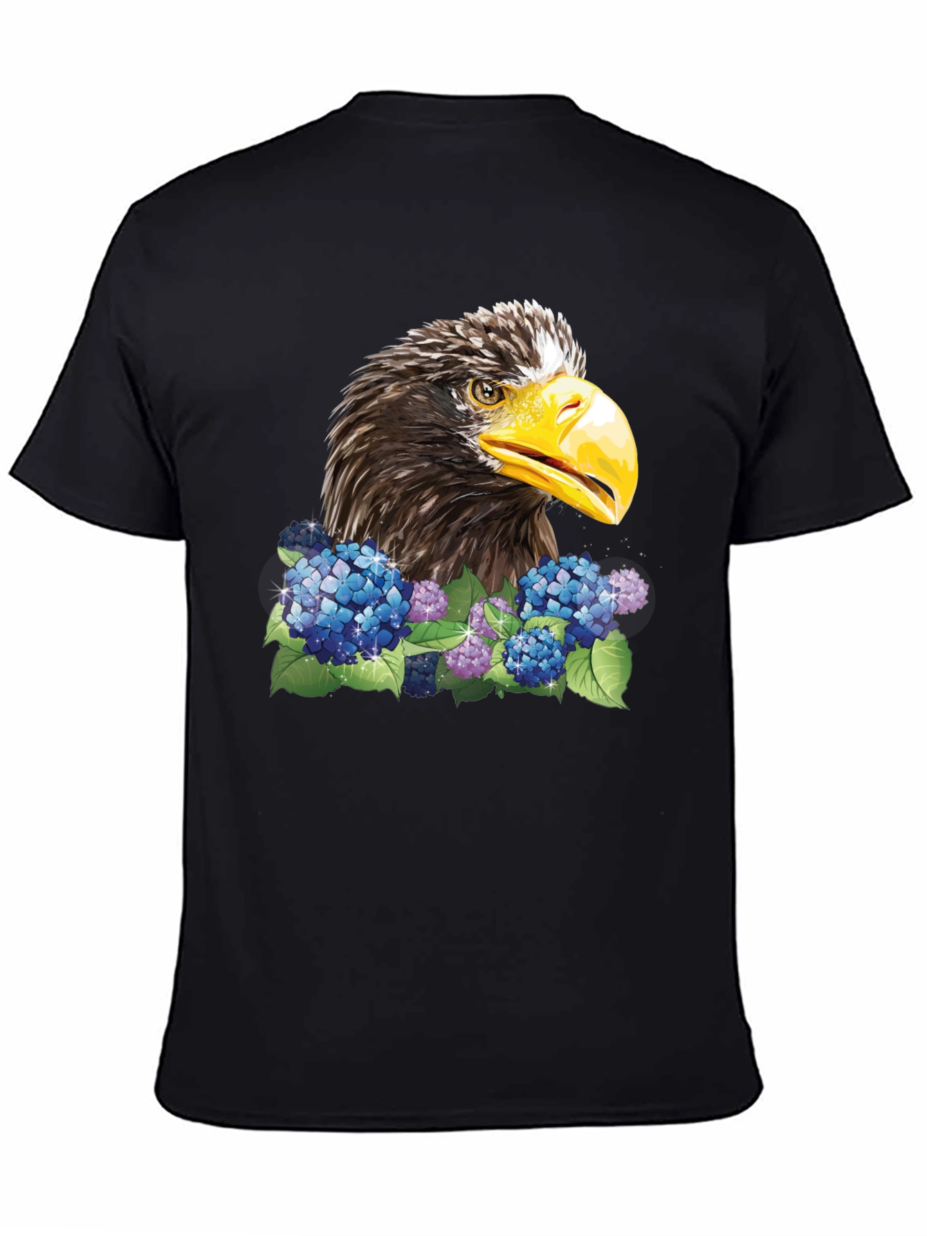 Eagle and Floral Print Black T-Shirt