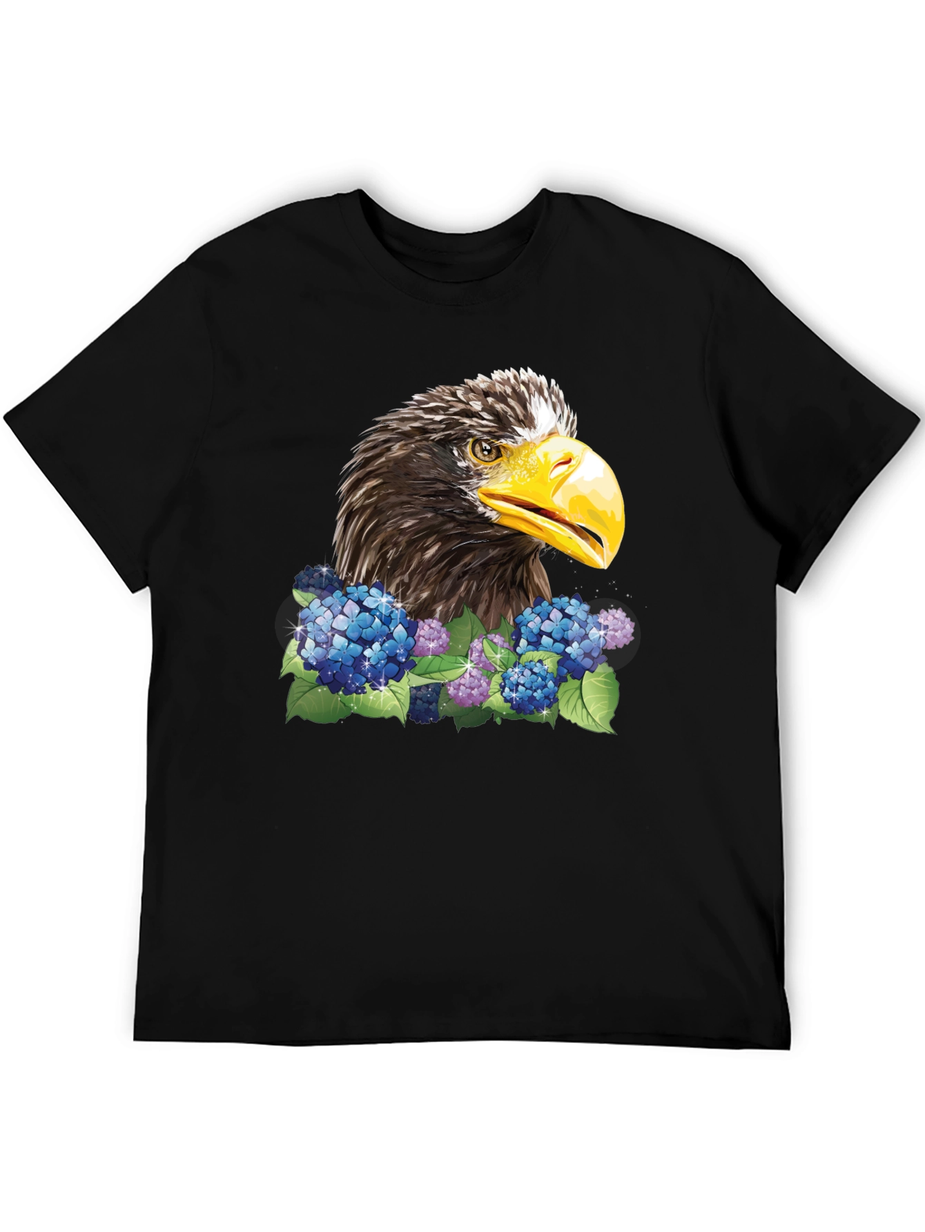 Eagle and Floral Print Black T-Shirt
