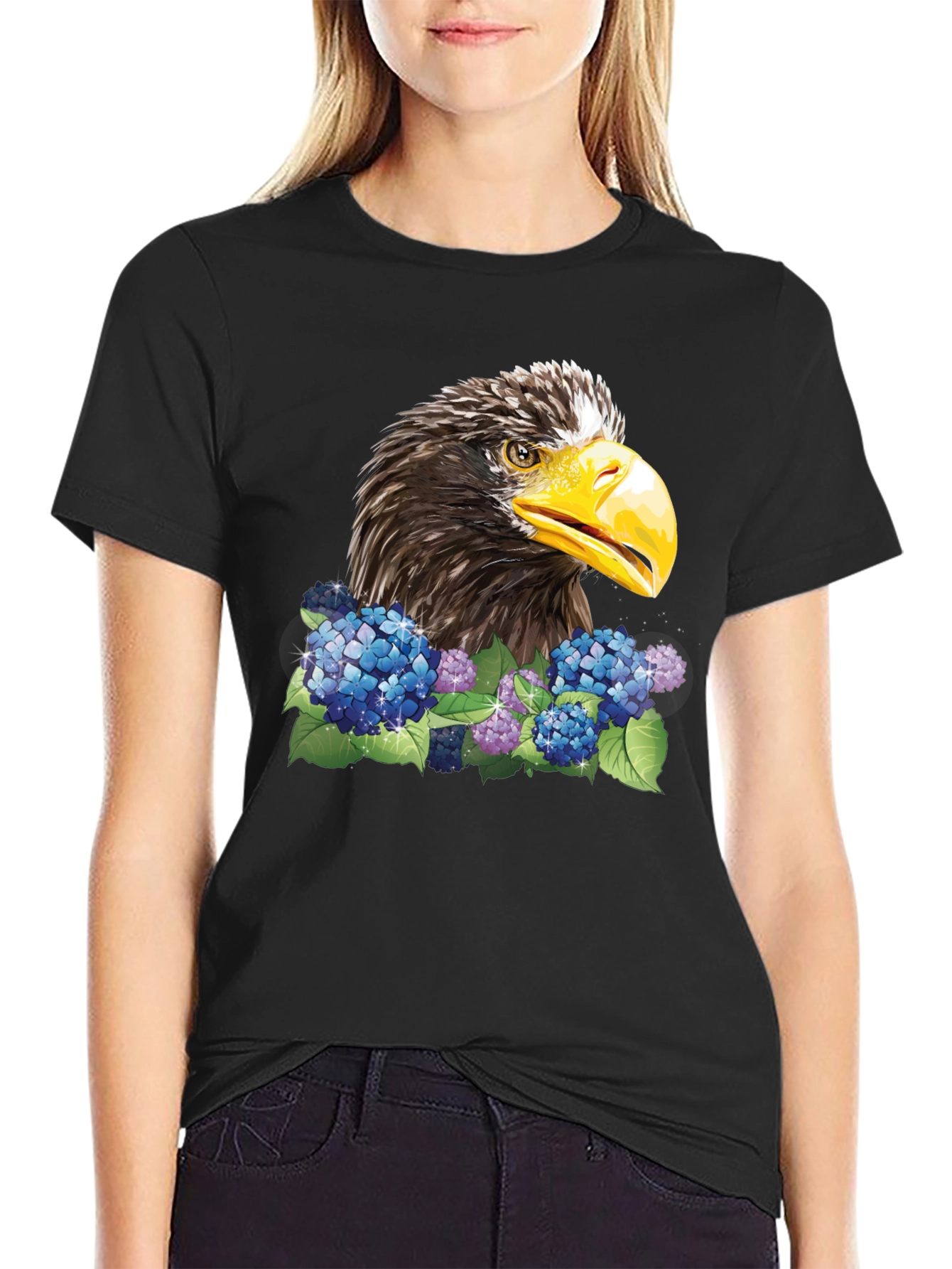 Eagle and Floral Print Black T-Shirt