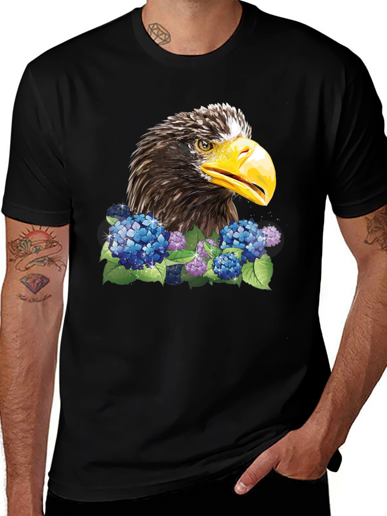 Eagle and Floral Print Black T-Shirt