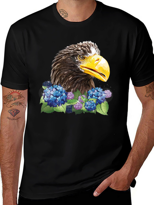 Eagle and Floral Print Black T-Shirt