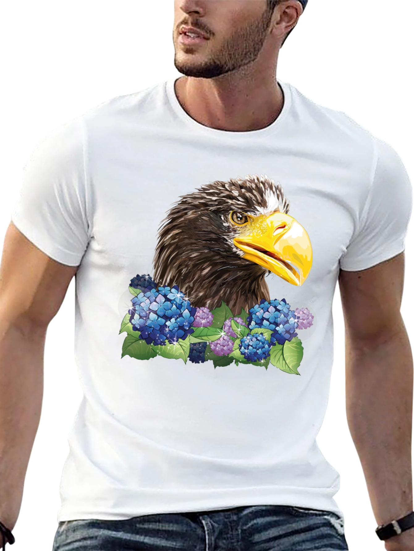 Eagle and Floral Print Black T-Shirt