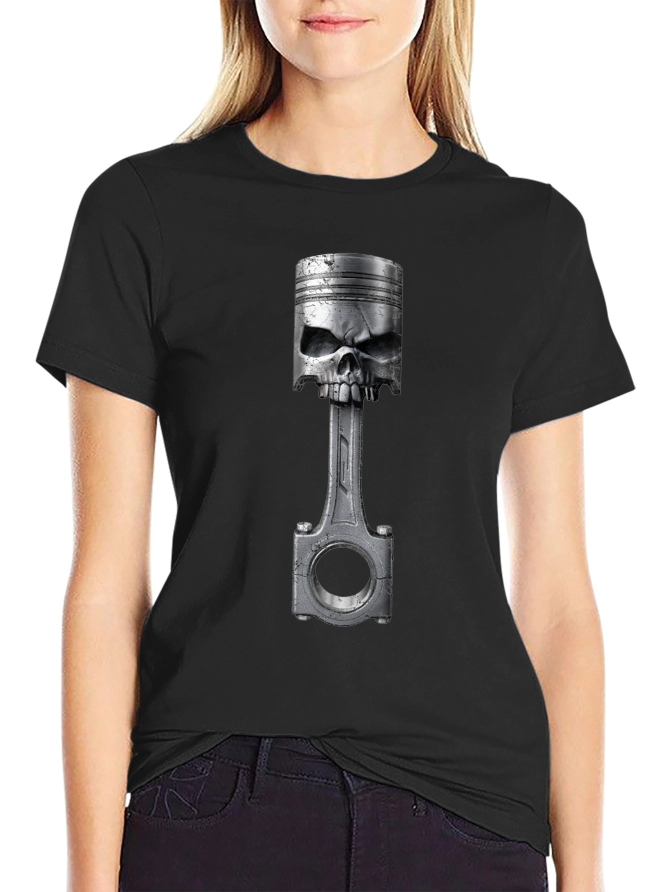 Skull Piston Graphic T-Shirt - Cool Biker Style