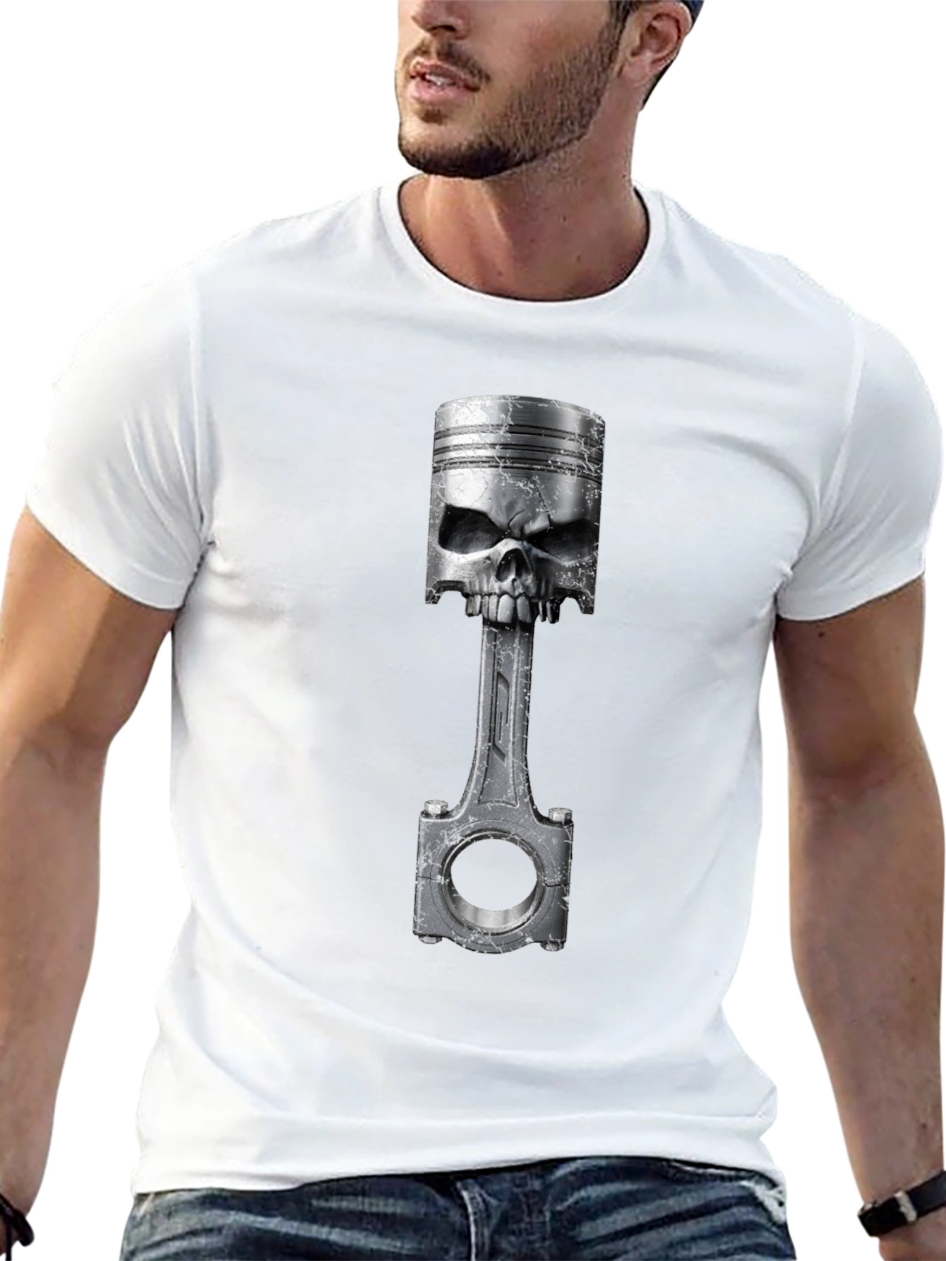 Skull Piston Graphic T-Shirt - Cool Biker Style