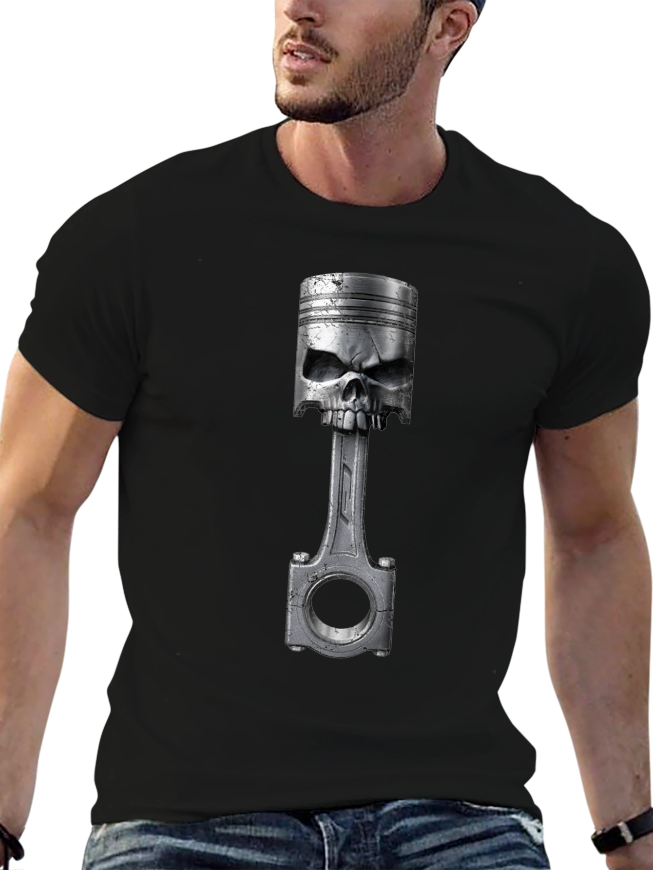 Skull Piston Graphic T-Shirt - Cool Biker Style