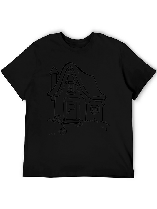 Whimsical House Graphic Tee - Black Cotton Shirt