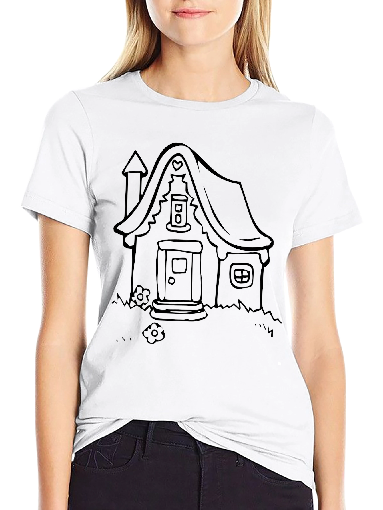 Whimsical House Graphic Tee - Black Cotton Shirt