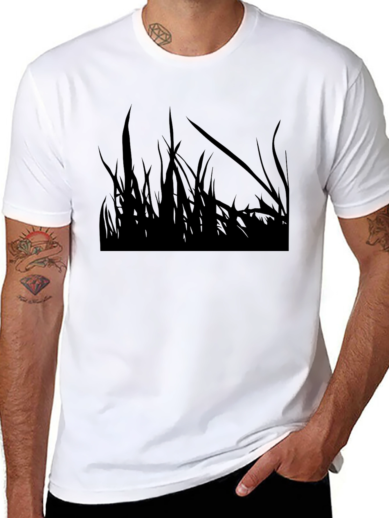 Mens Black Graphic Tee - Grass Silhouette Design