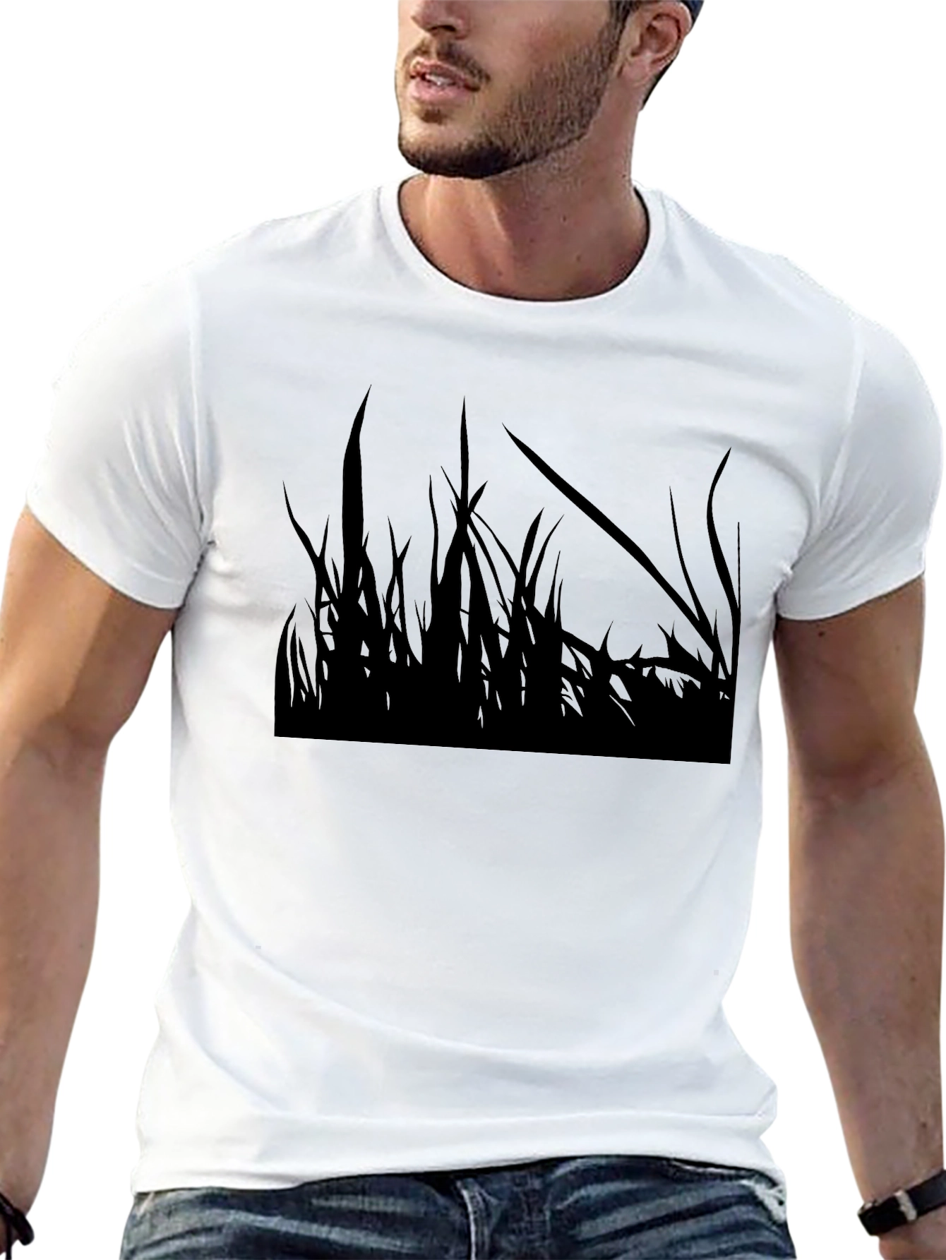 Mens Black Graphic Tee - Grass Silhouette Design