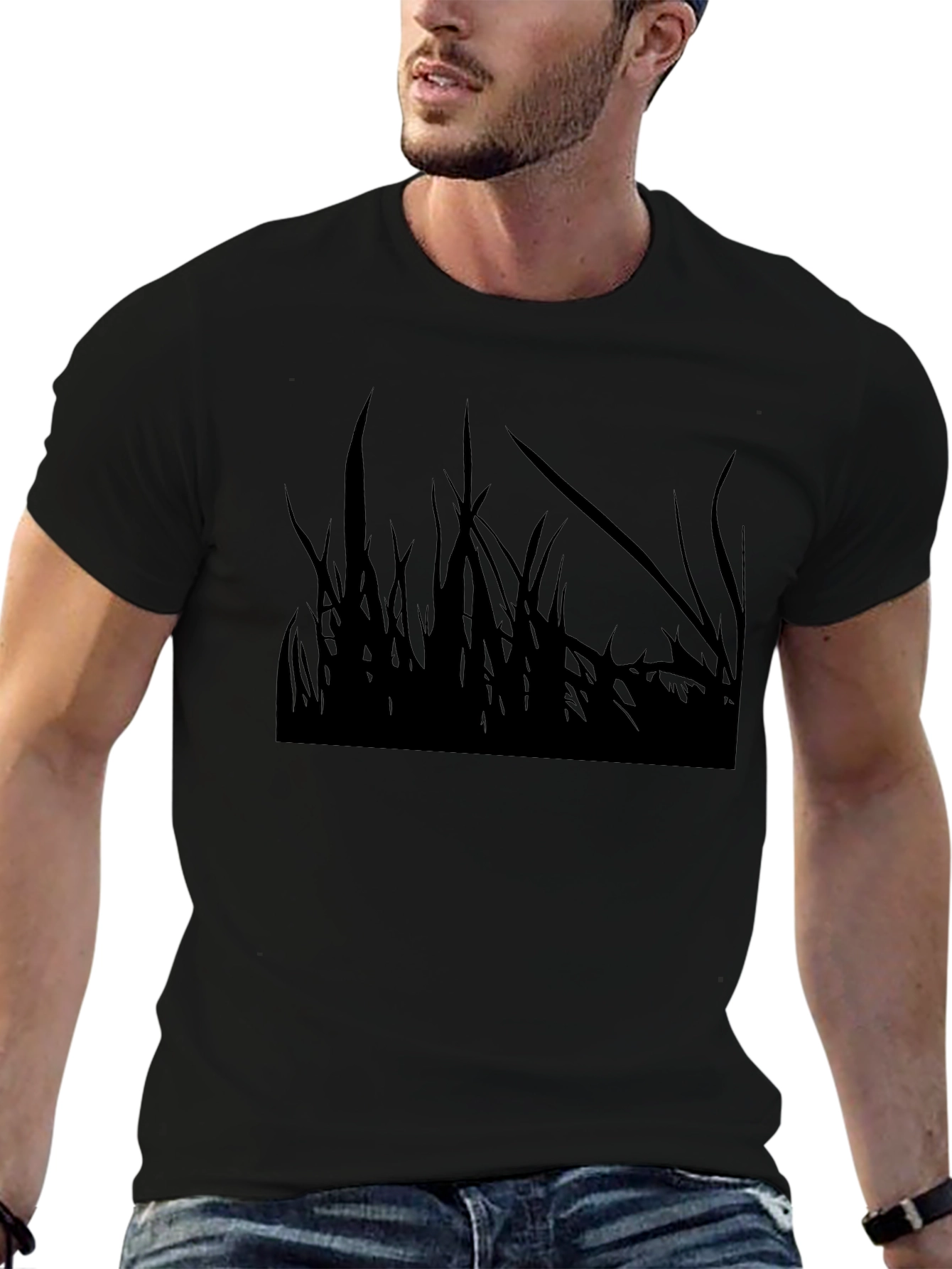 Mens Black Graphic Tee - Grass Silhouette Design