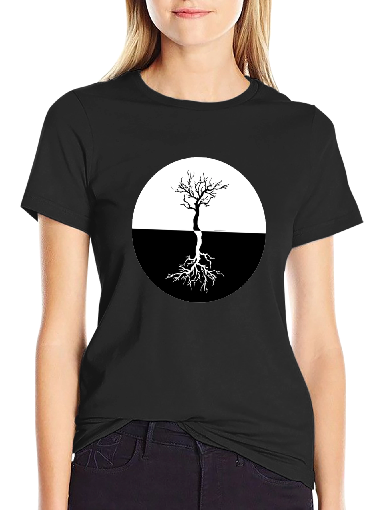 Yin Yang Tree Graphic Tee - Stylish Black T-Shirt