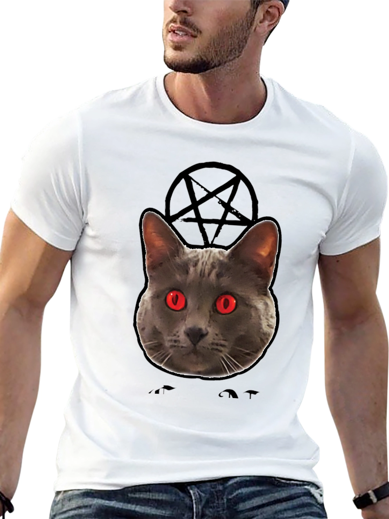 Mens Black T-Shirt with Evil Cat Design