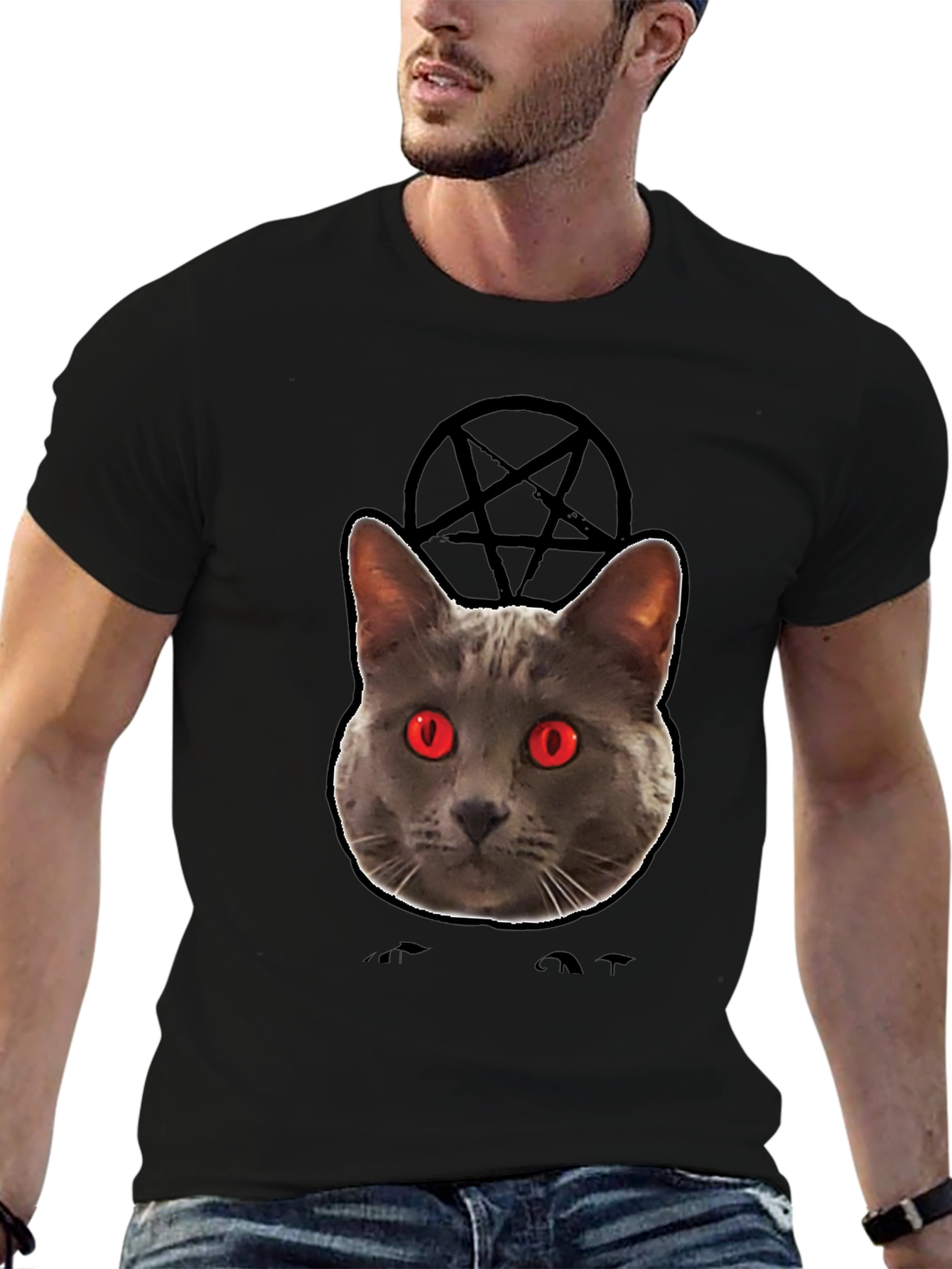Mens Black T-Shirt with Evil Cat Design