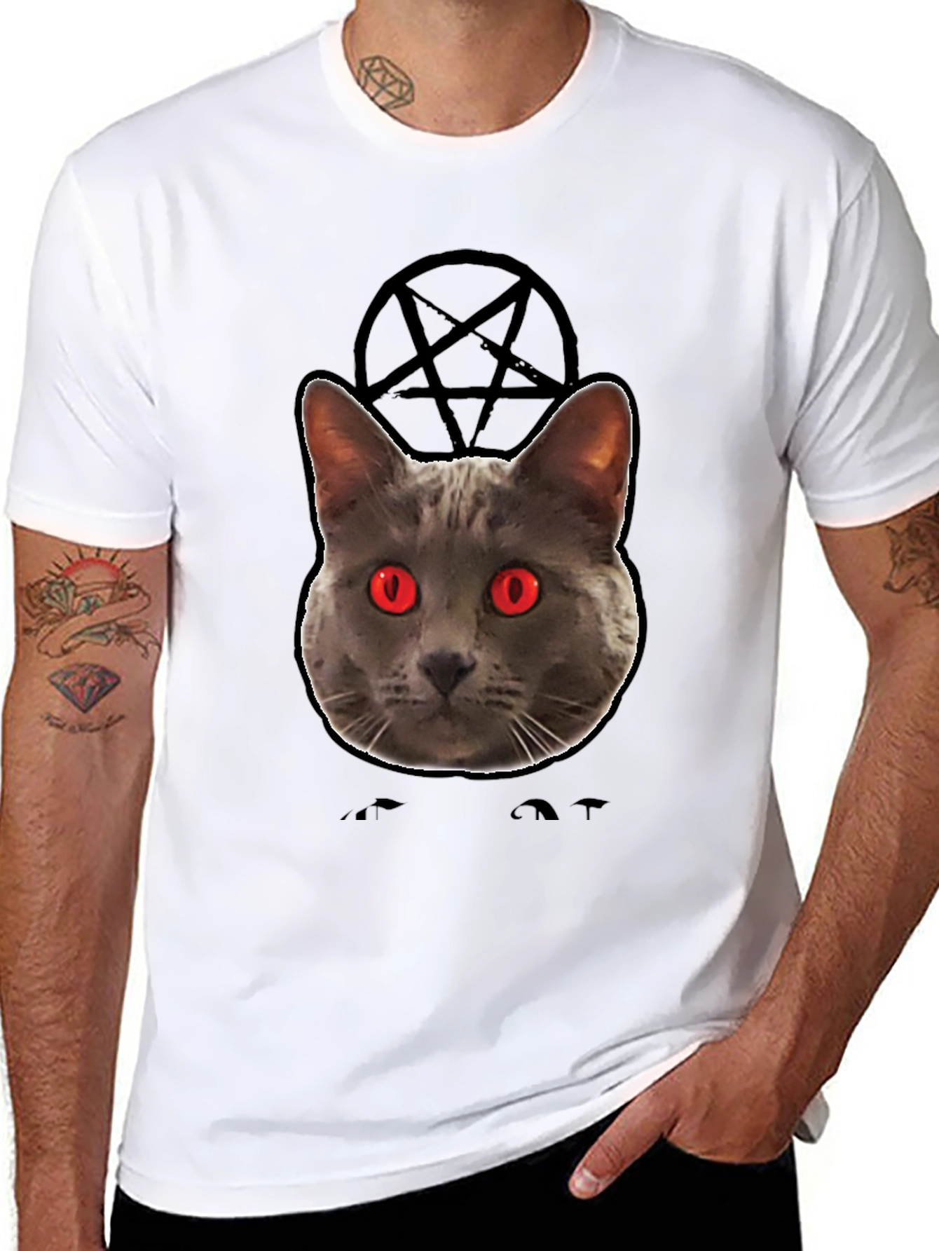 Mens Black T-Shirt with Evil Cat Design