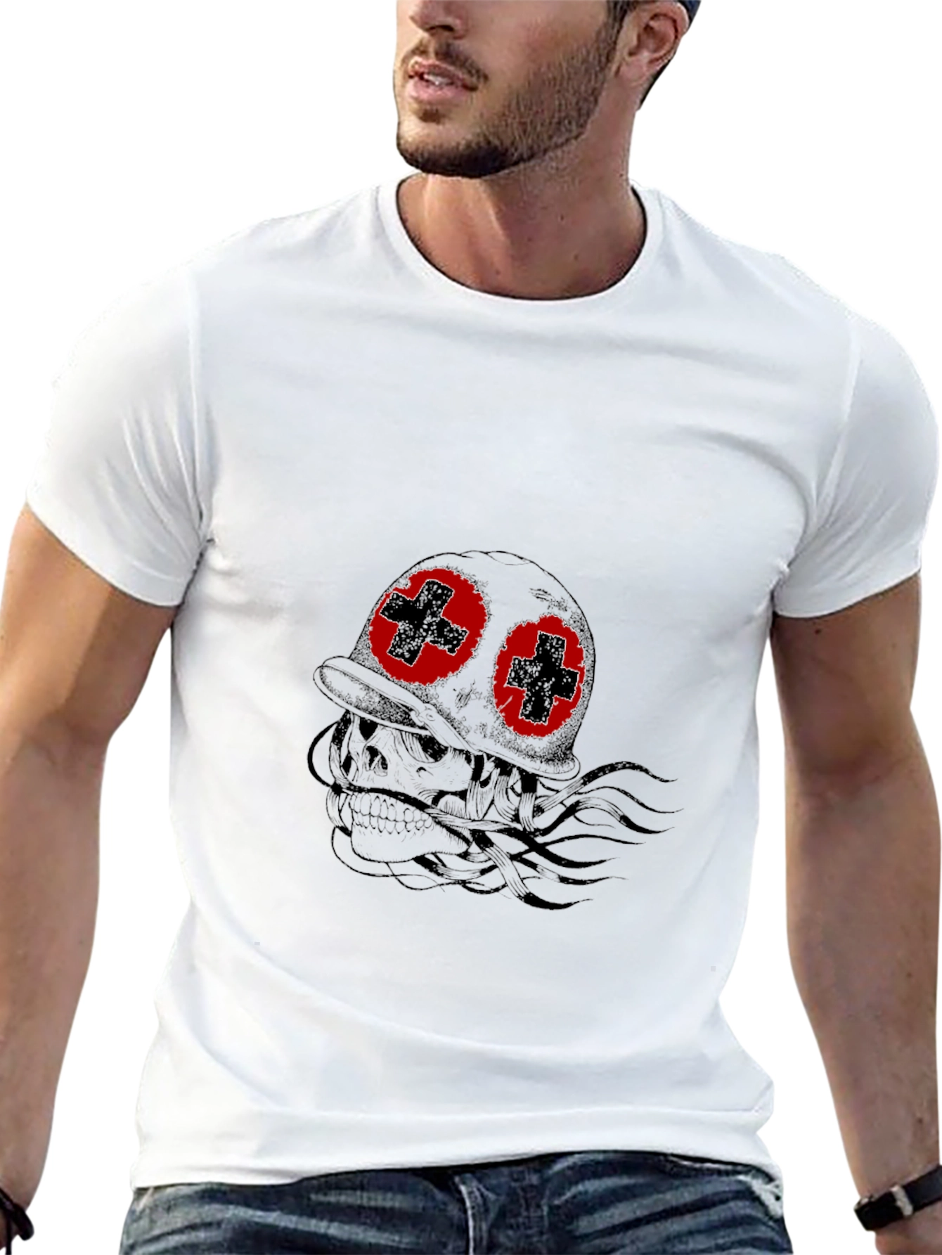 Skull with Helmet T-Shirt - Edgy Graphic Tee