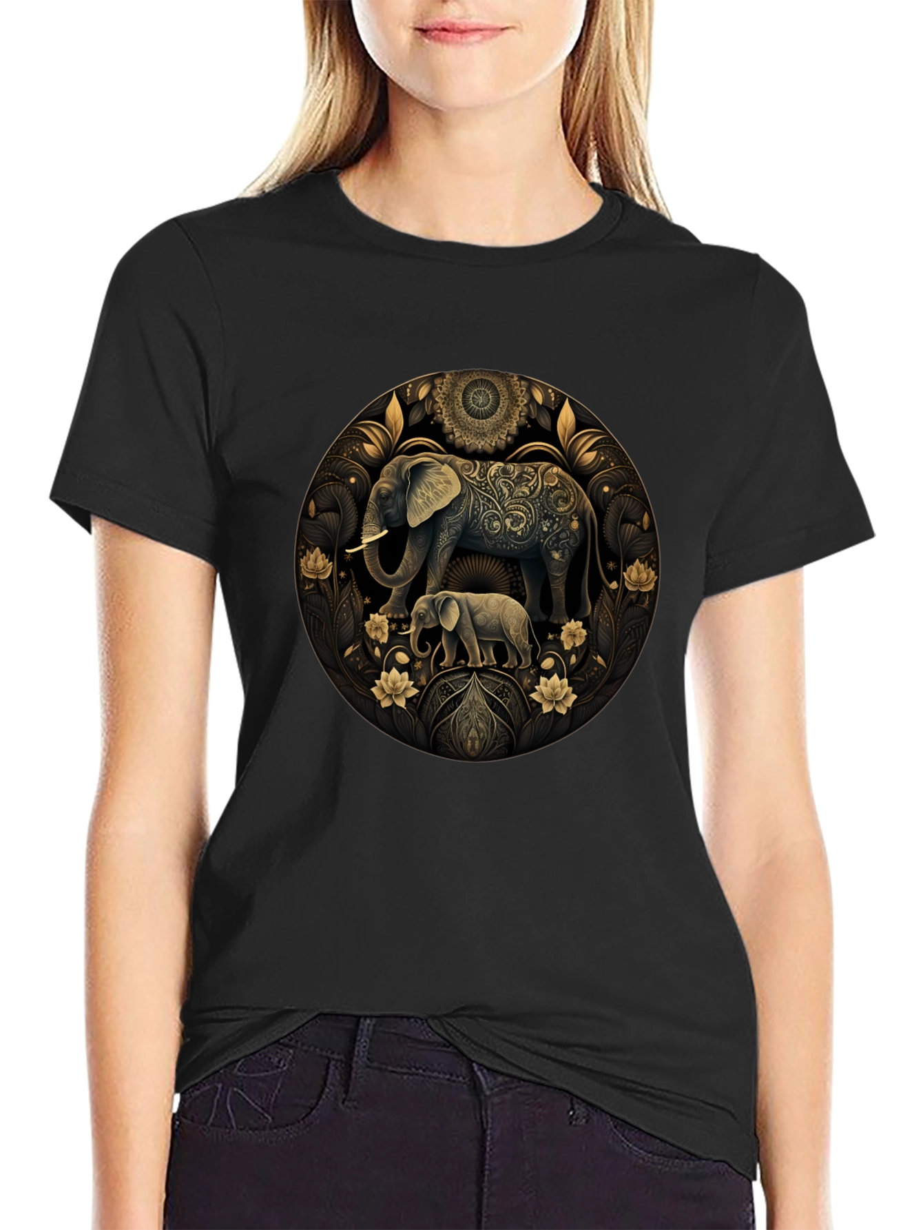 Elephant Mandala Graphic Black Tee