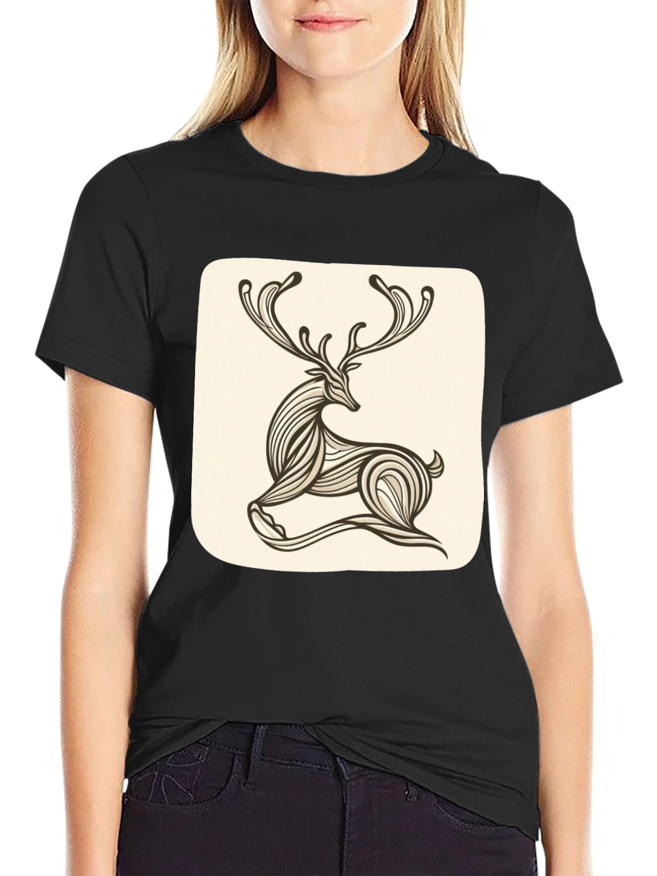 Stylish Deer Graphic Tee - Black Cotton Blend
