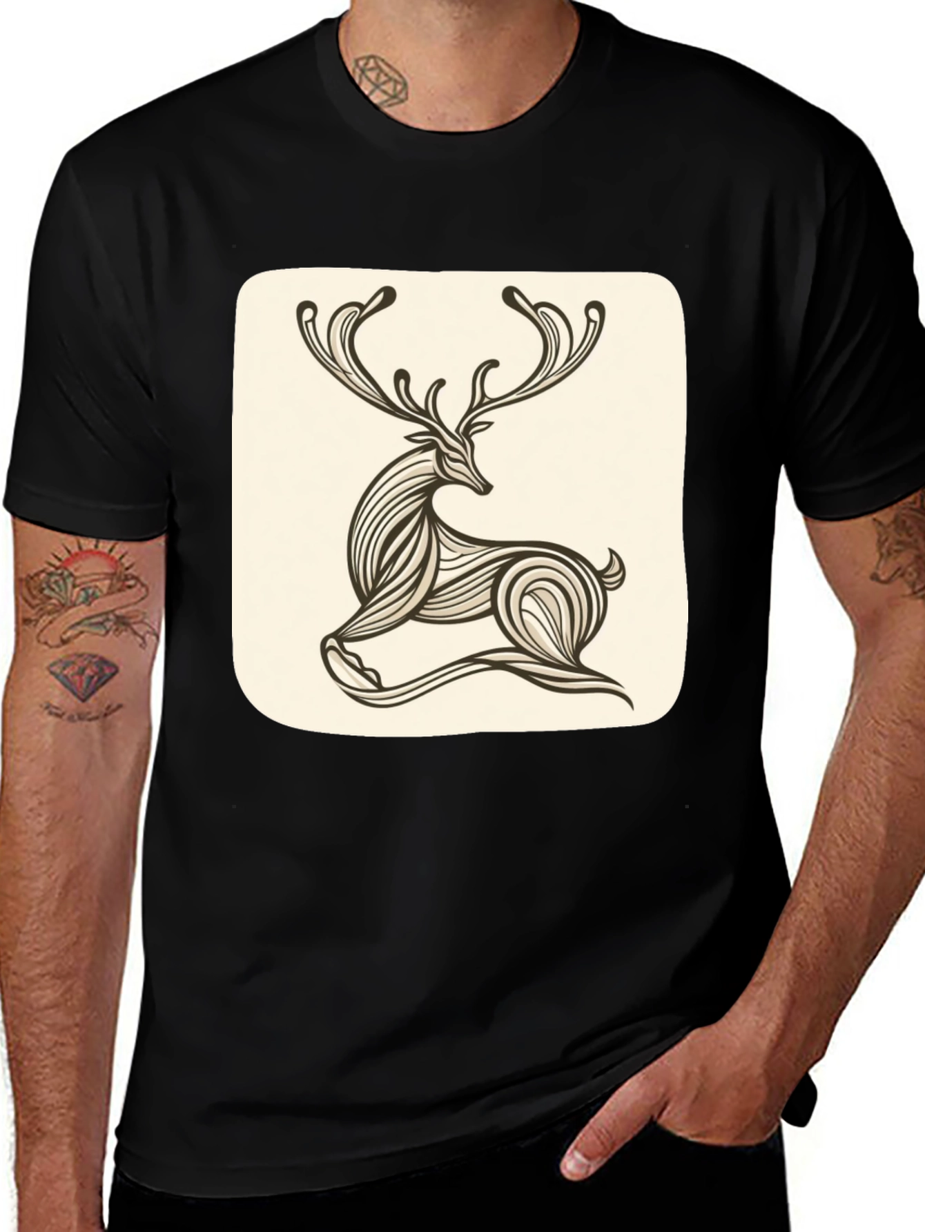 Stylish Deer Graphic Tee - Black Cotton Blend