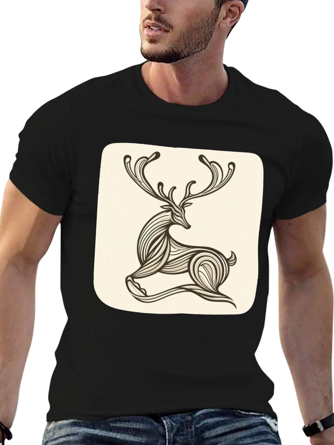 Stylish Deer Graphic Tee - Black Cotton Blend