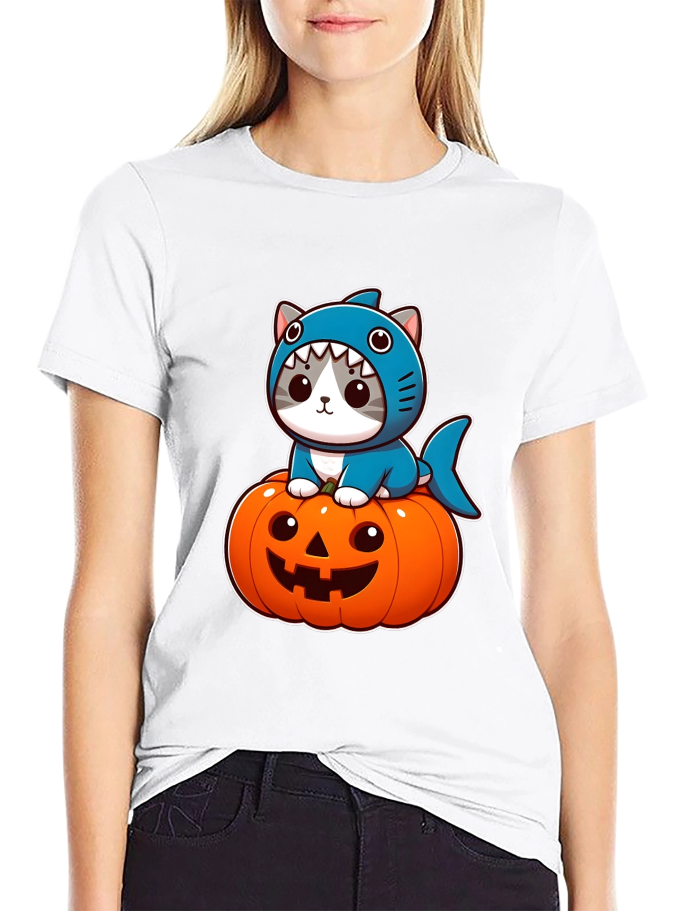 Shark Cat Pumpkin Halloween T-Shirt