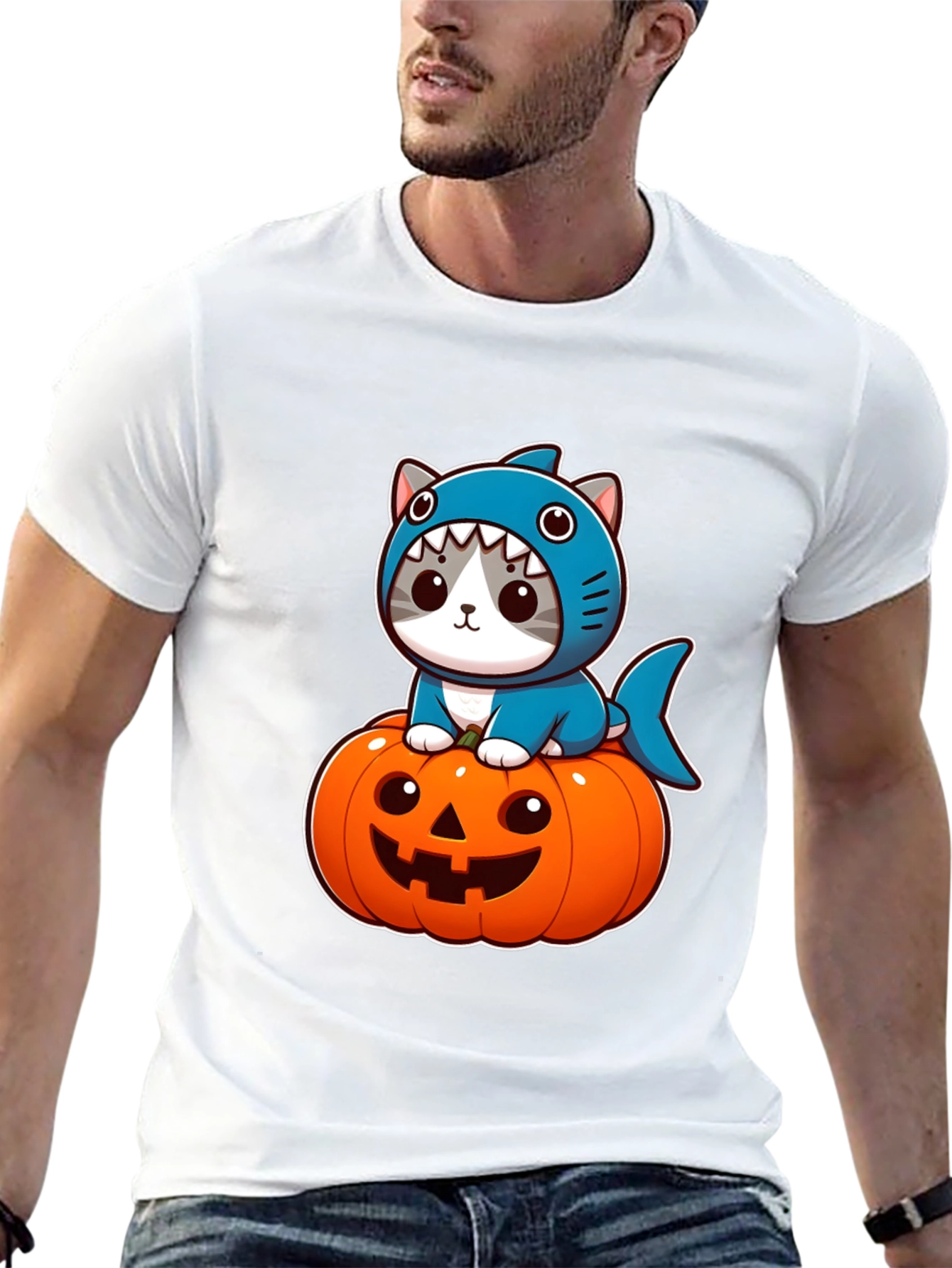 Shark Cat Pumpkin Halloween T-Shirt