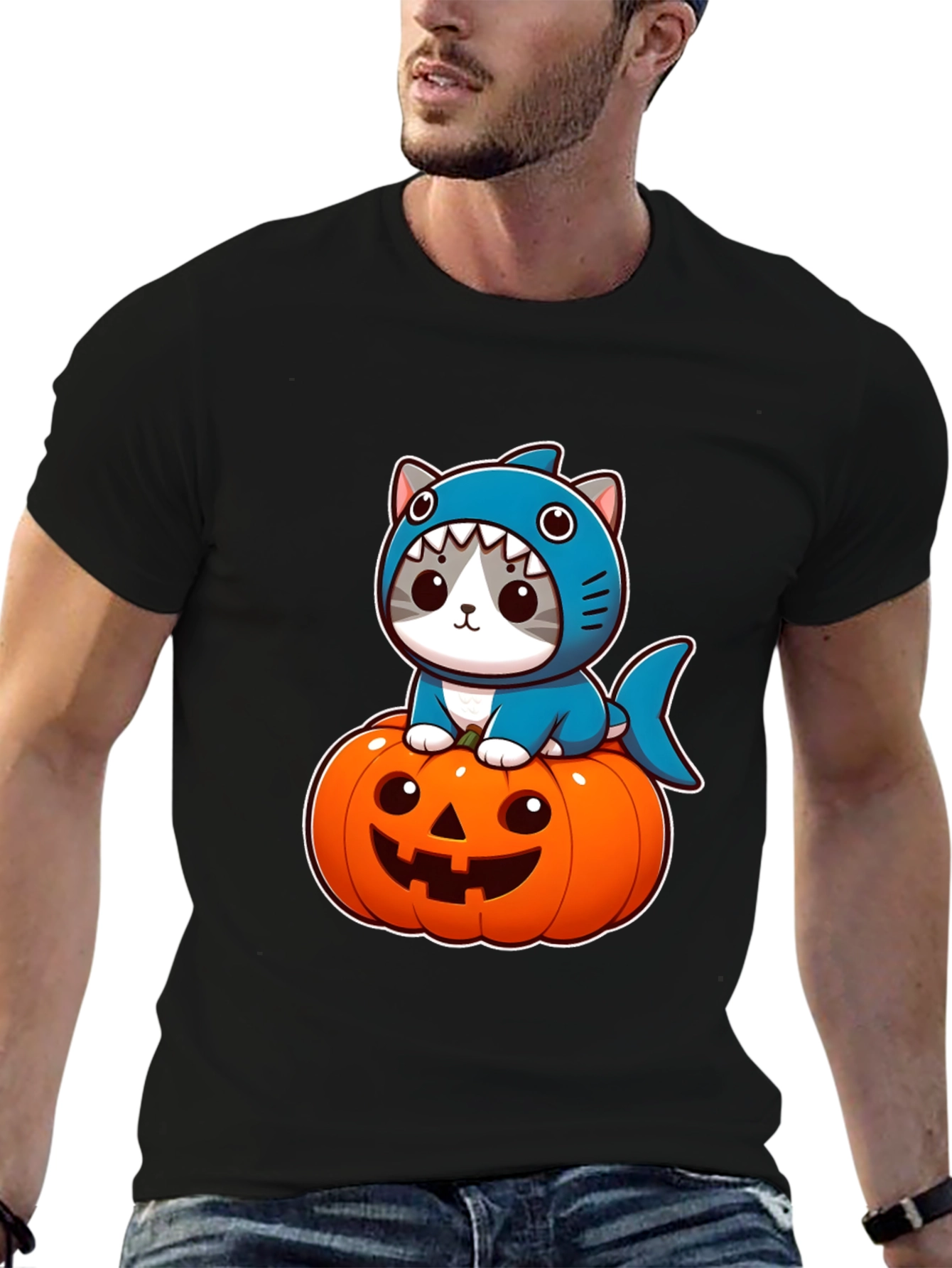 Shark Cat Pumpkin Halloween T-Shirt