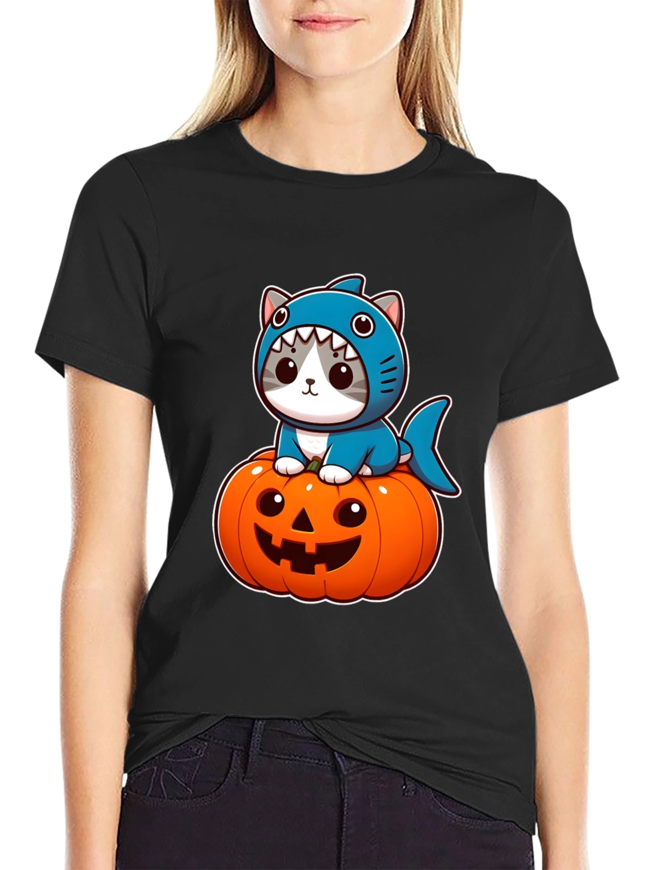 Shark Cat Pumpkin Halloween T-Shirt