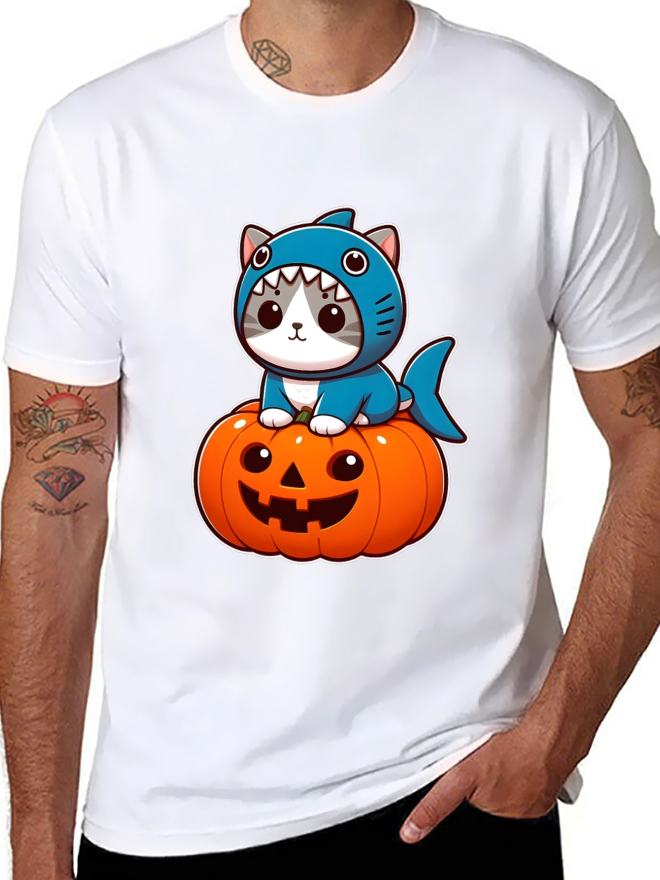 Shark Cat Pumpkin Halloween T-Shirt