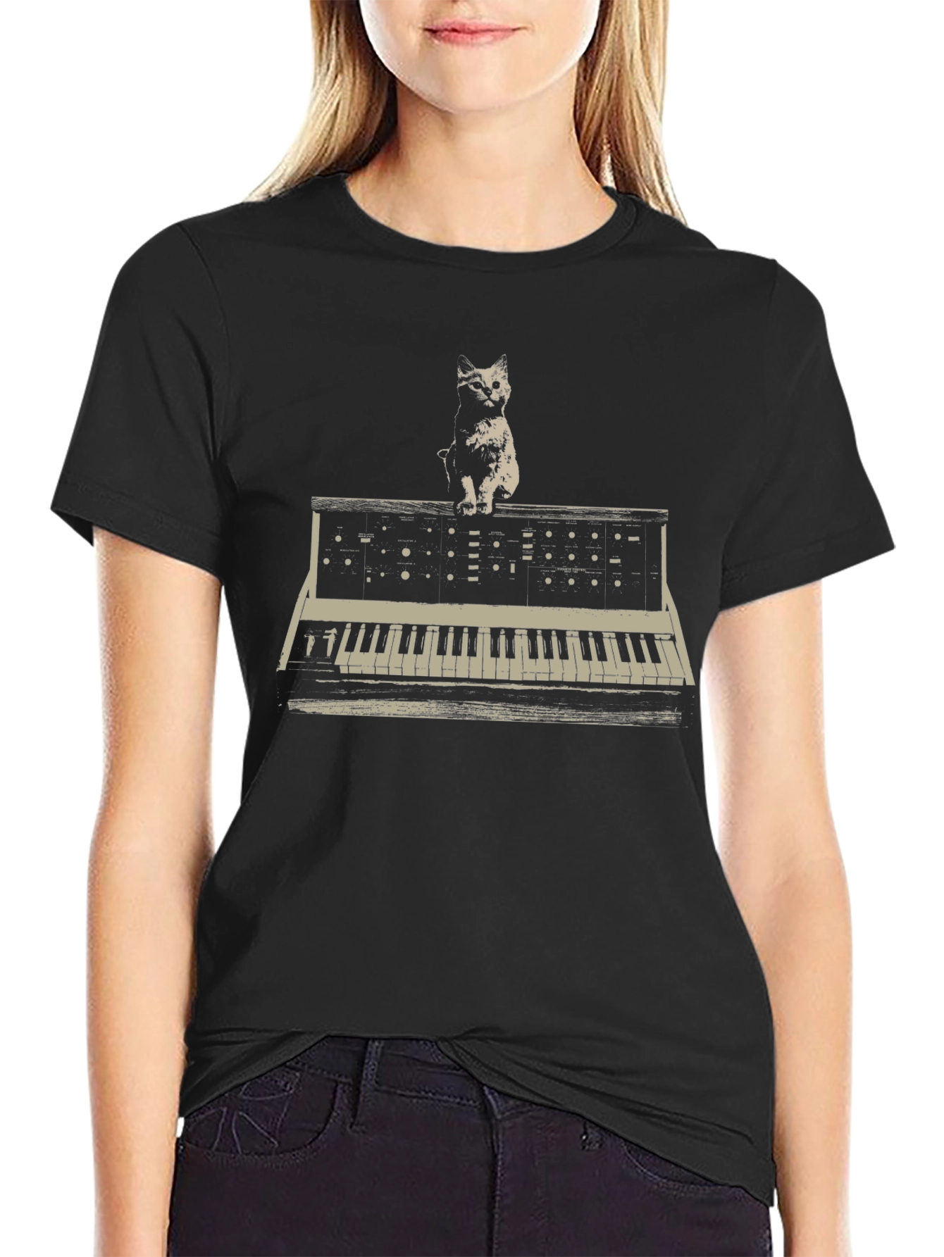 Cat Keyboard Synthesizer Graphic T-Shirt