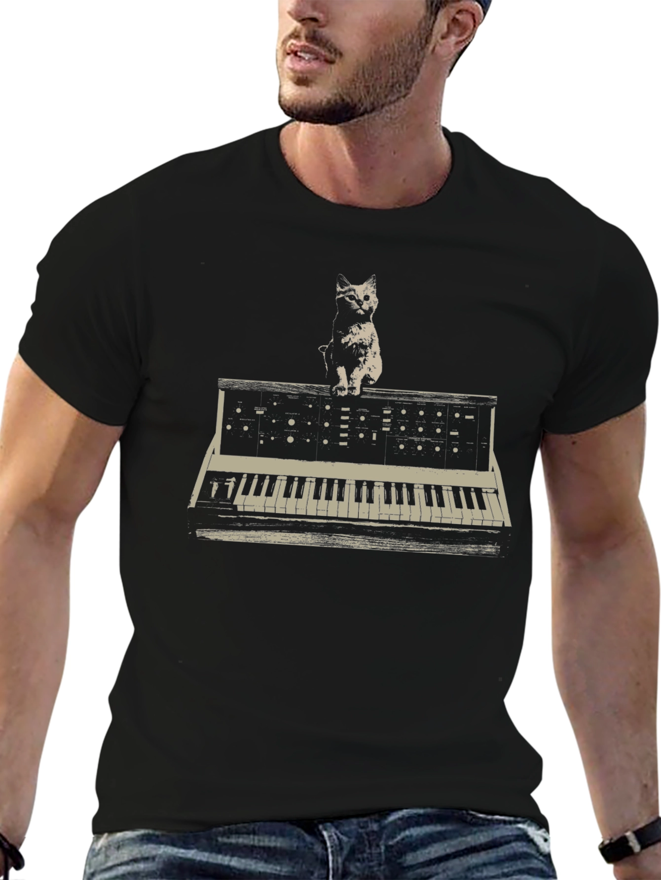 Cat Keyboard Synthesizer Graphic T-Shirt
