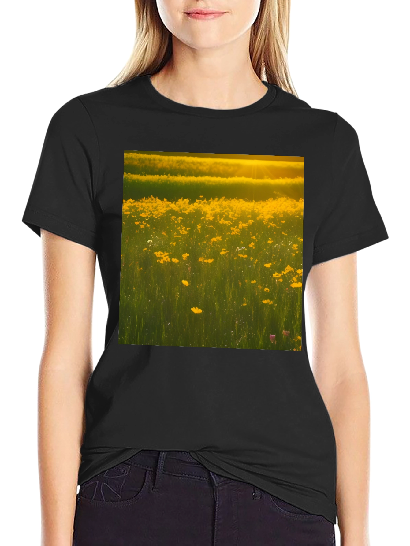 Golden Meadow Graphic Tee - Black Cotton T-Shirt