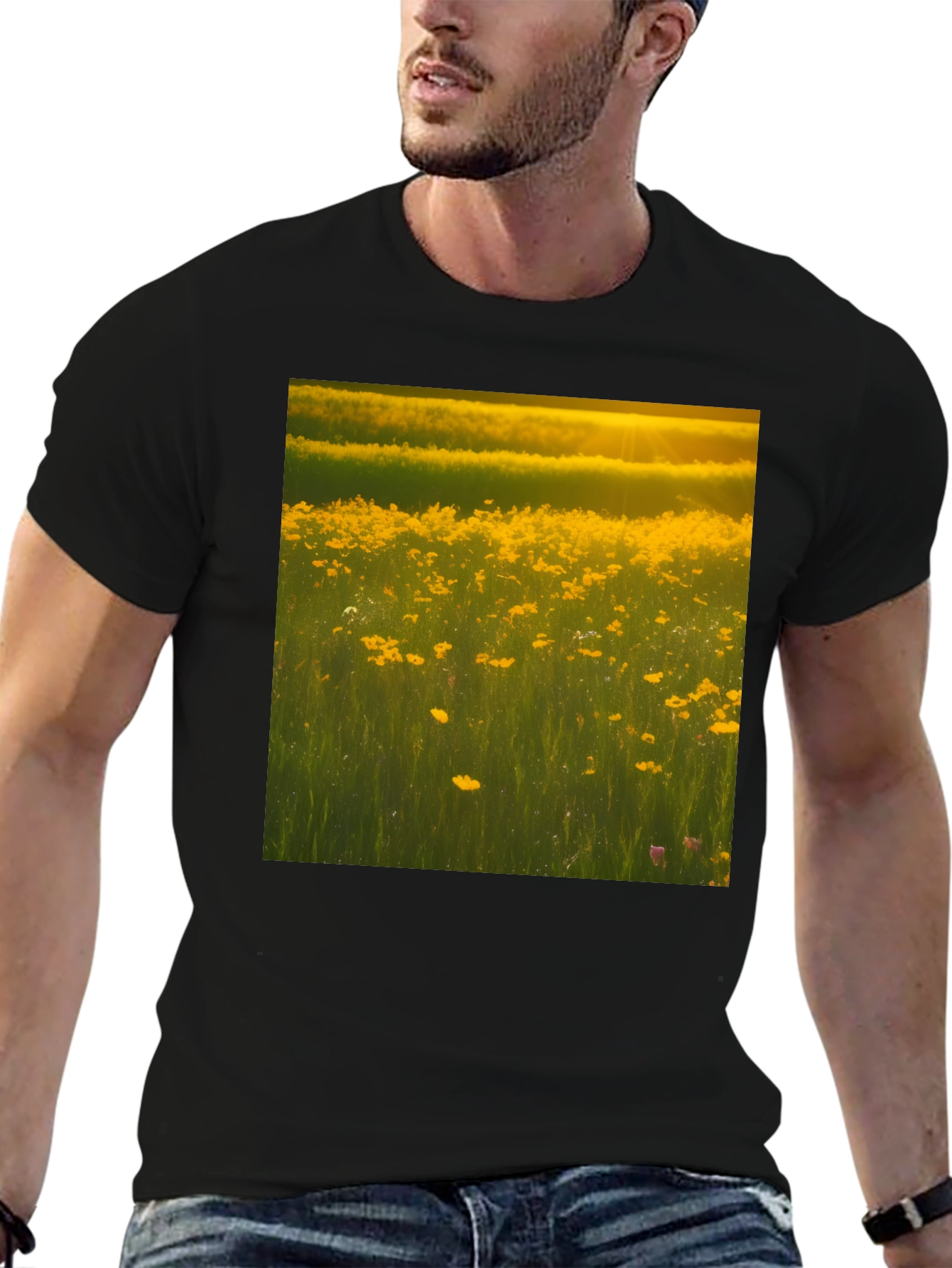 Golden Meadow Graphic Tee - Black Cotton T-Shirt