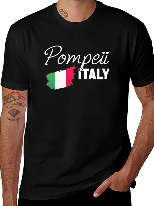 Pompeii Italy Flag Graphic Tee - Black Cotton T-Shirt