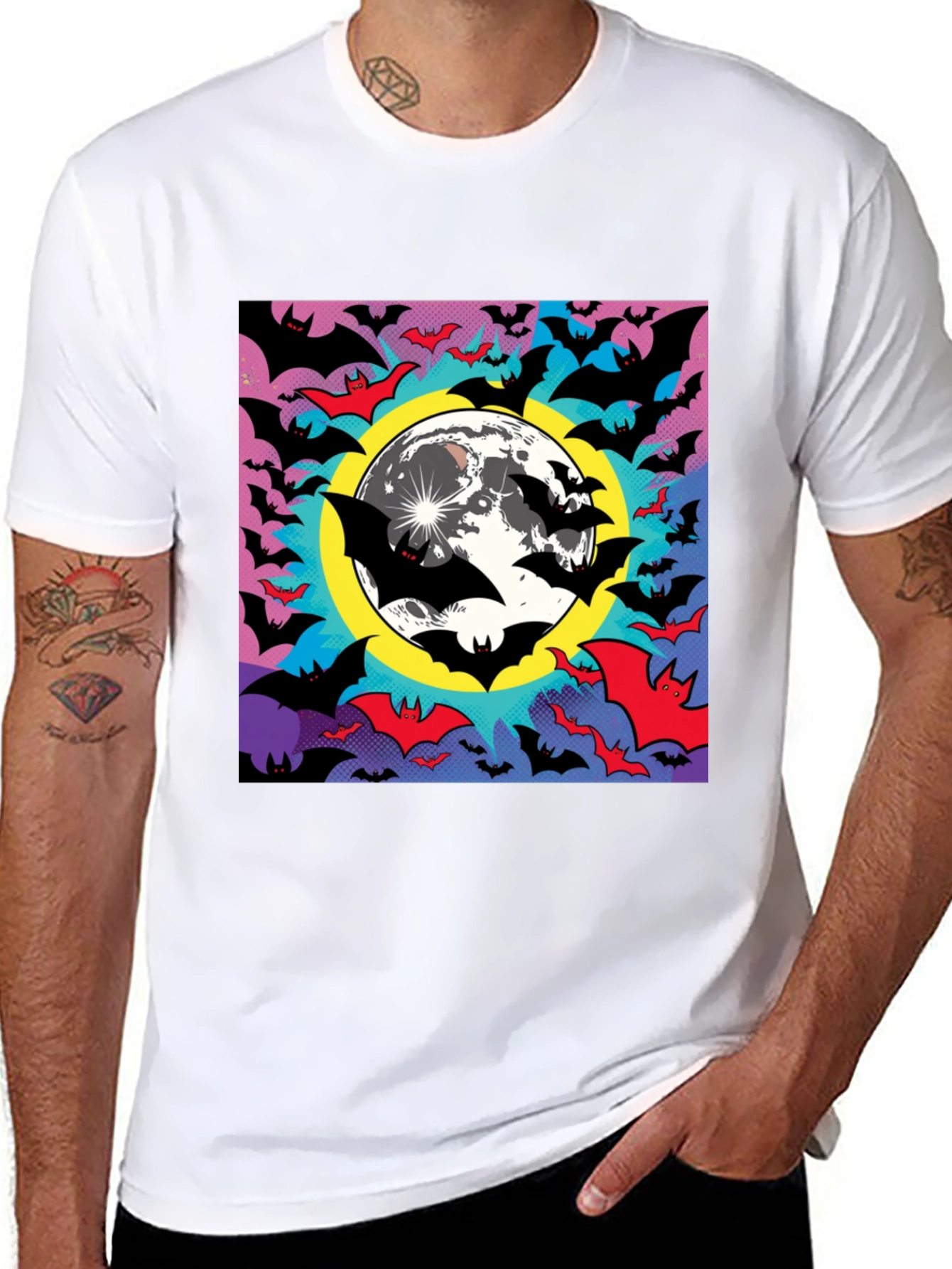Halloween Bats & Moon Graphic Tee - Black