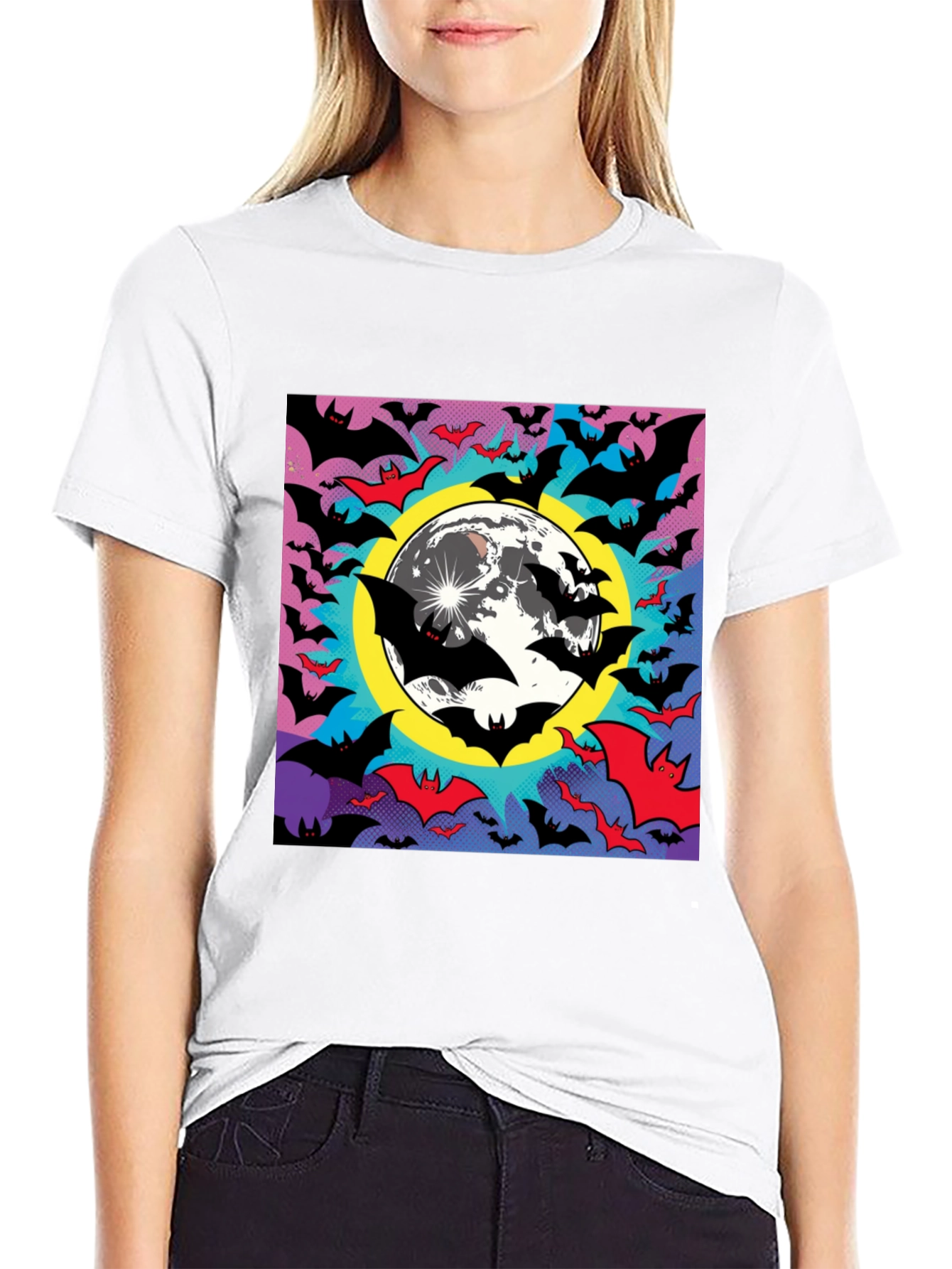 Halloween Bats & Moon Graphic Tee - Black