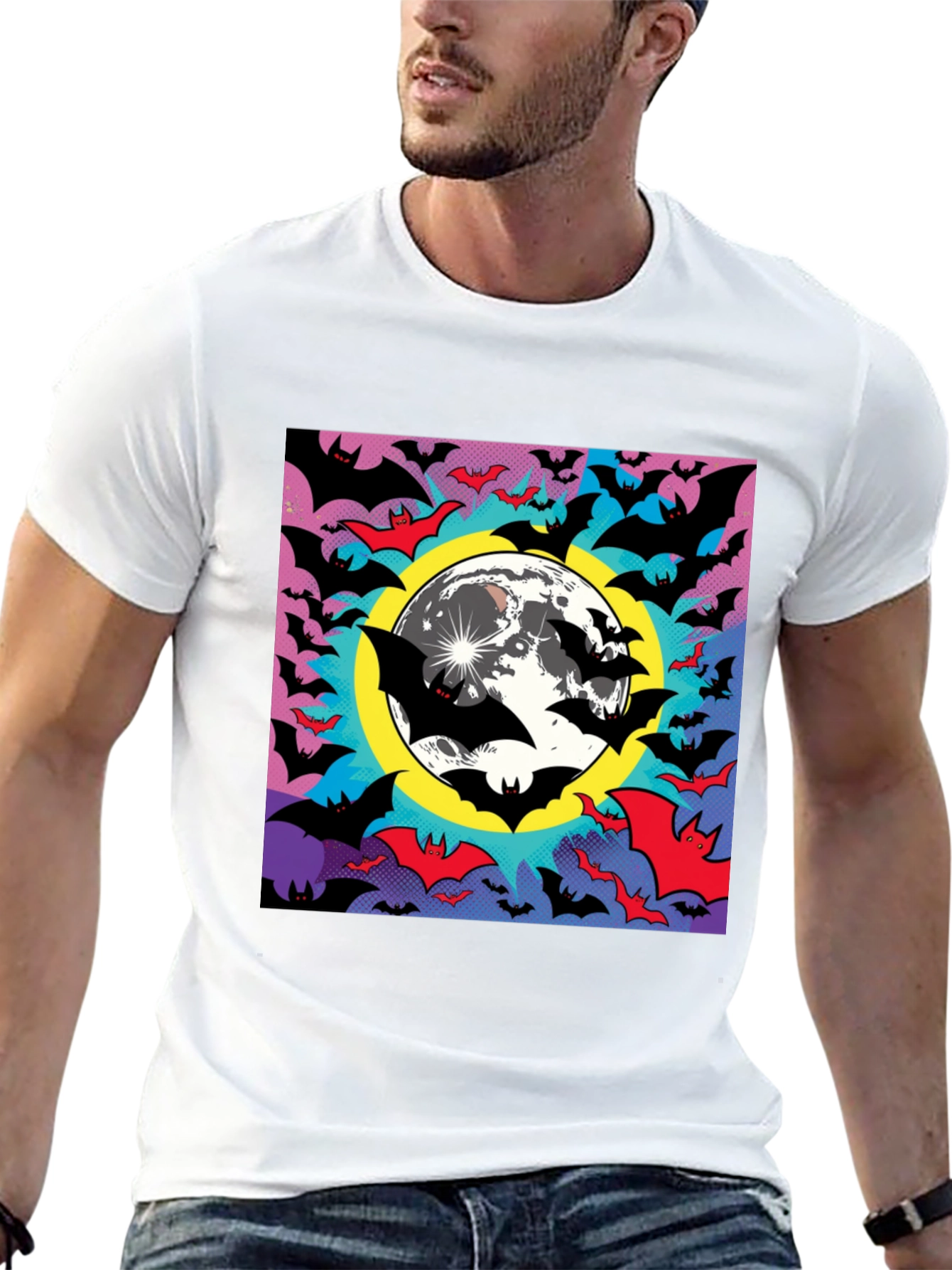 Halloween Bats & Moon Graphic Tee - Black