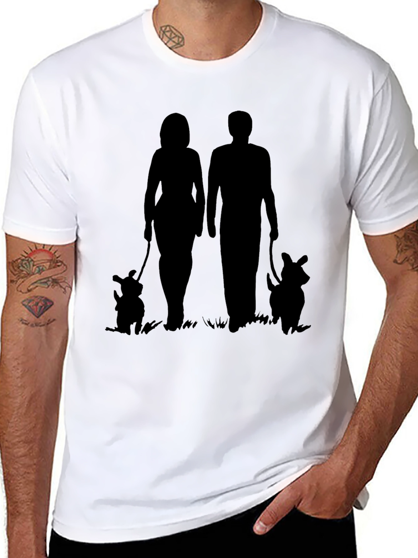 Couple Walking Dogs Graphic Tee - Black Casual Shirt