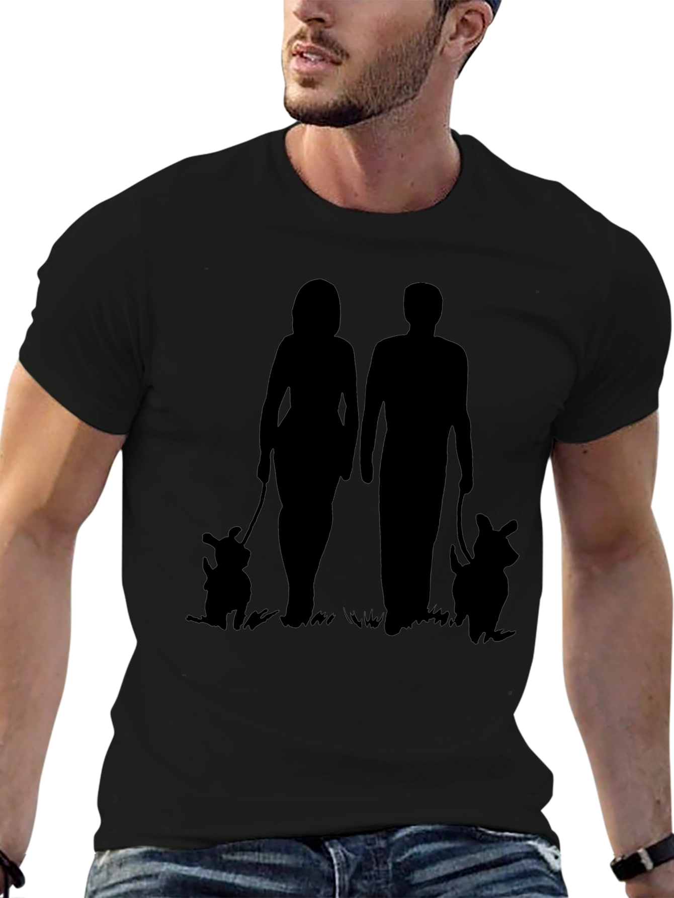 Couple Walking Dogs Graphic Tee - Black Casual Shirt