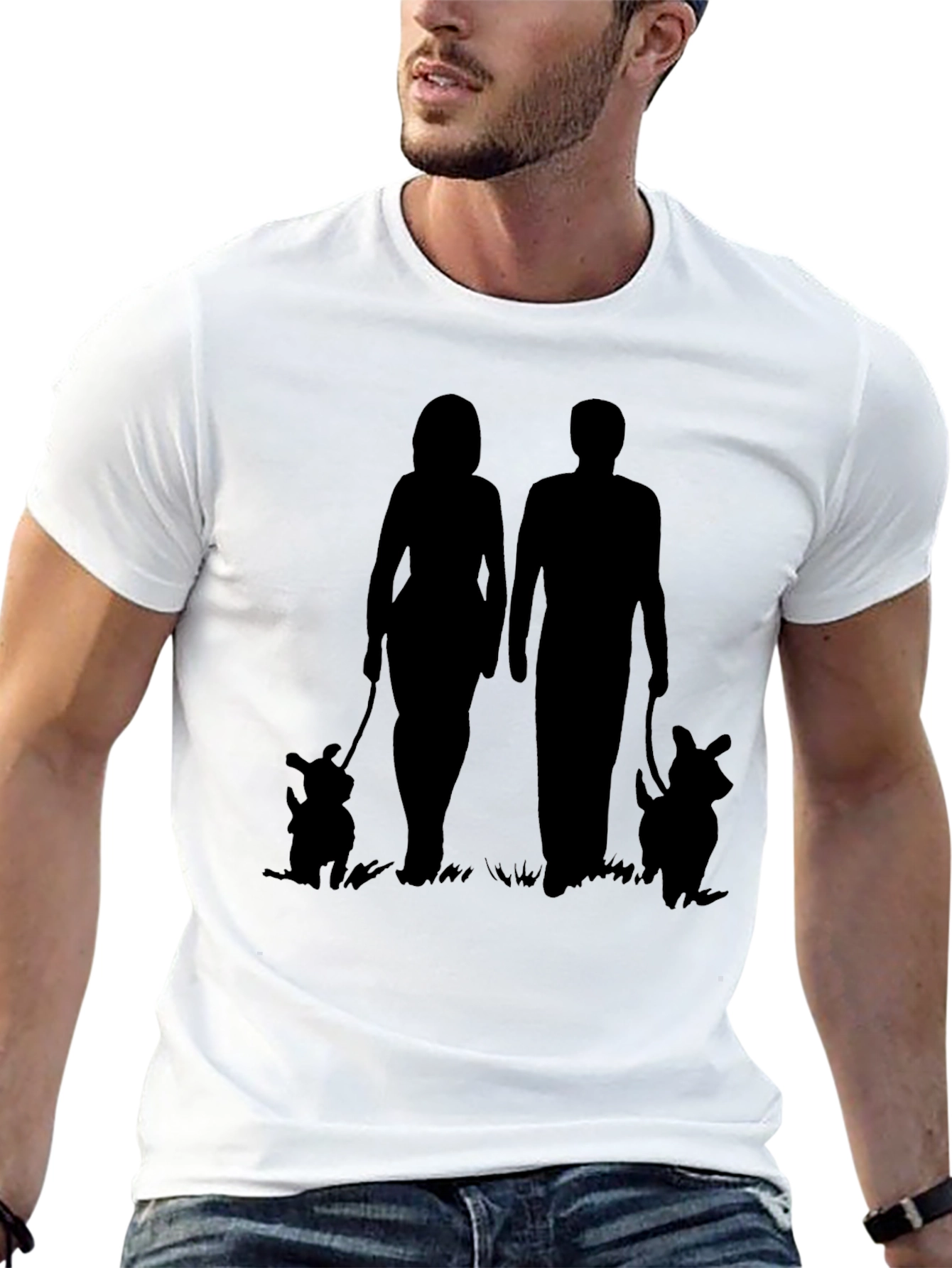 Couple Walking Dogs Graphic Tee - Black Casual Shirt