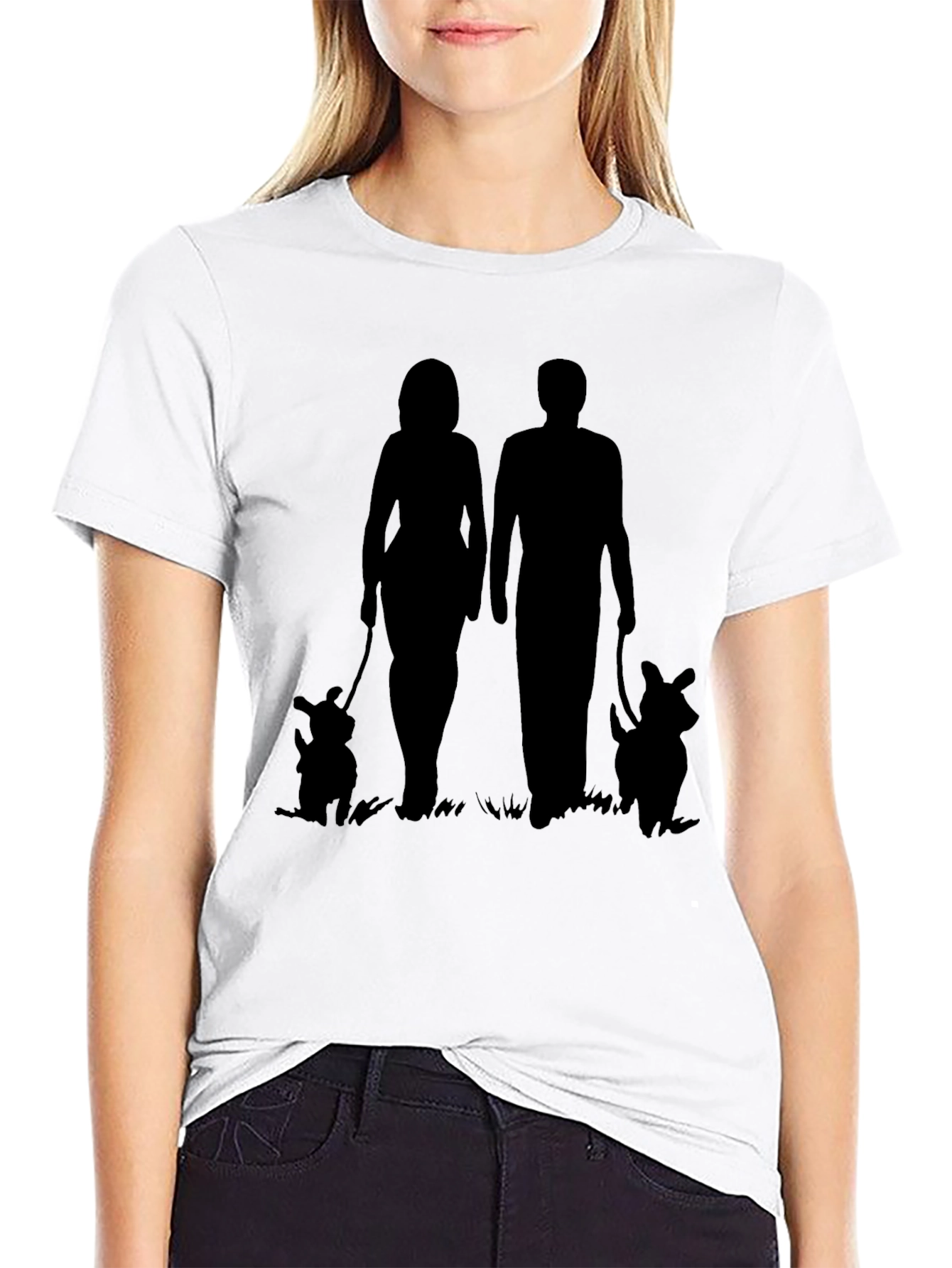 Couple Walking Dogs Graphic Tee - Black Casual Shirt