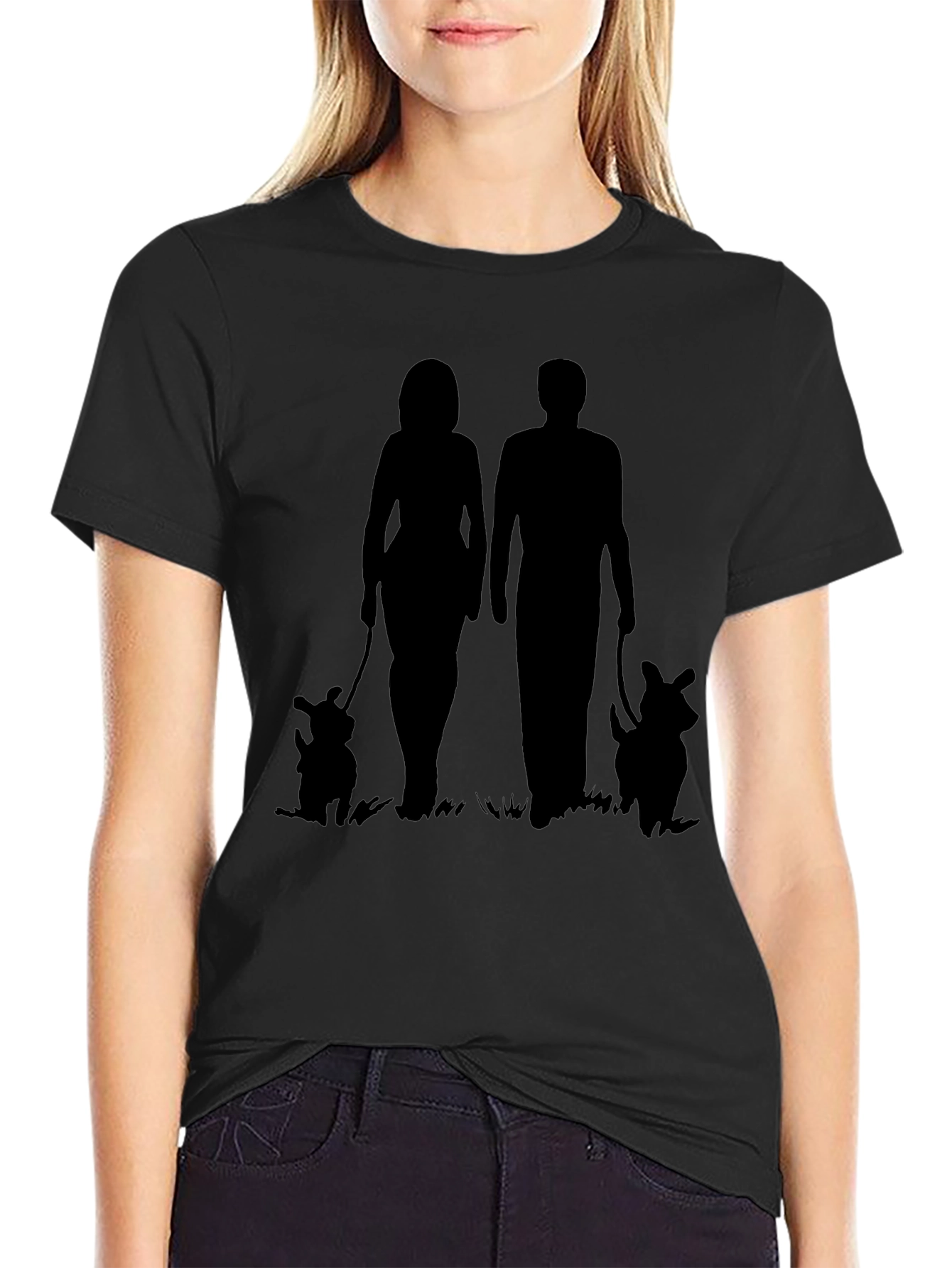 Couple Walking Dogs Graphic Tee - Black Casual Shirt