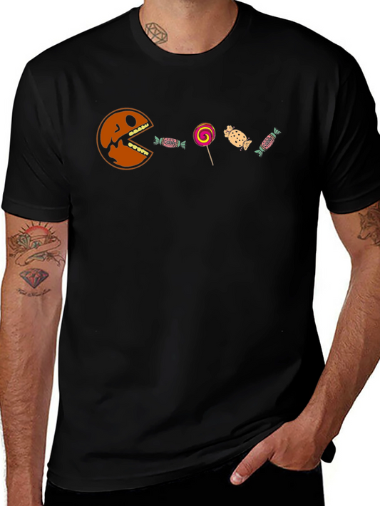 Funny Halloween Pumpkin Candy Graphic Tee - Black Cotton Blend