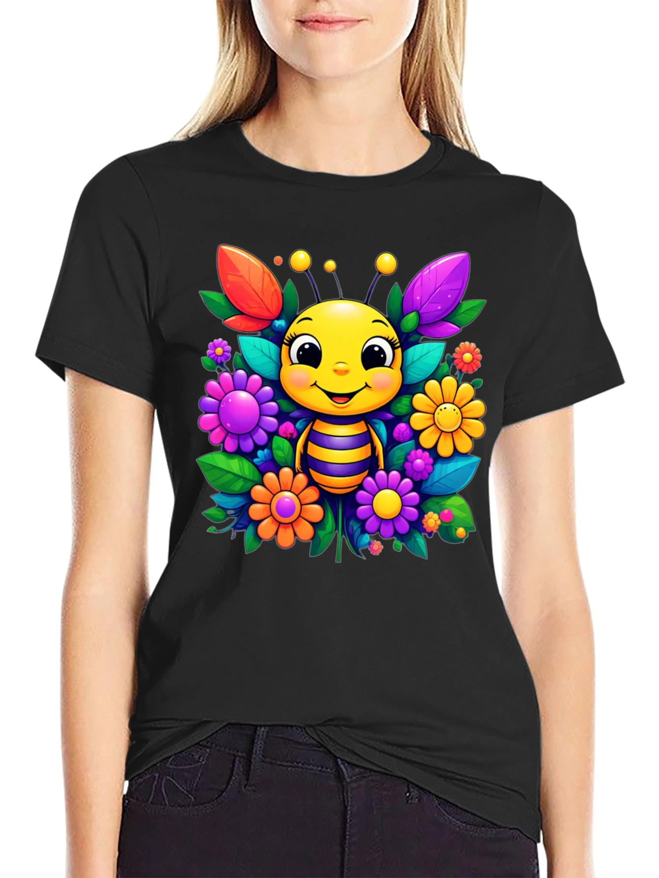Cute Bee & Flower Graphic Tee - Black Unisex