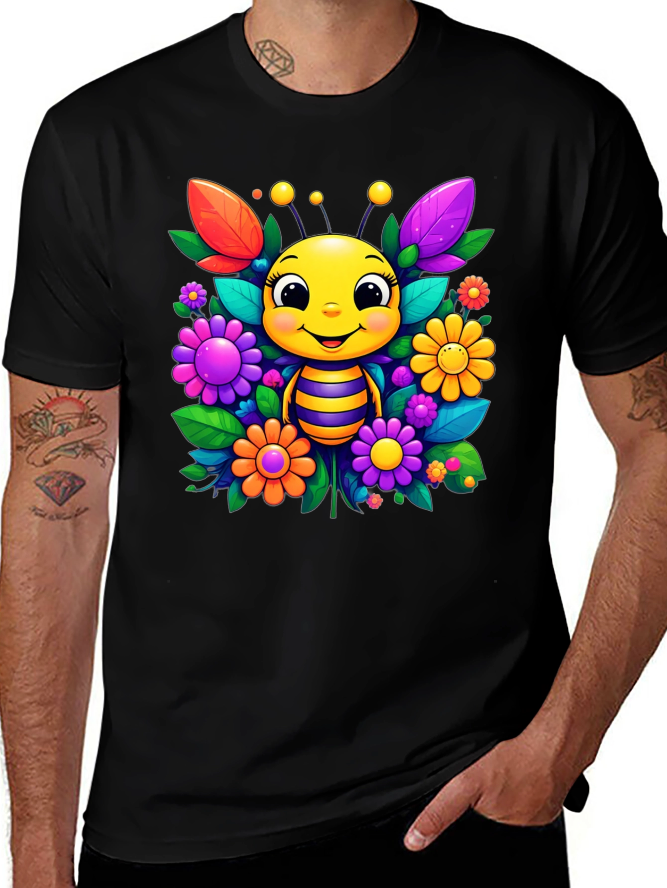 Cute Bee & Flower Graphic Tee - Black Unisex