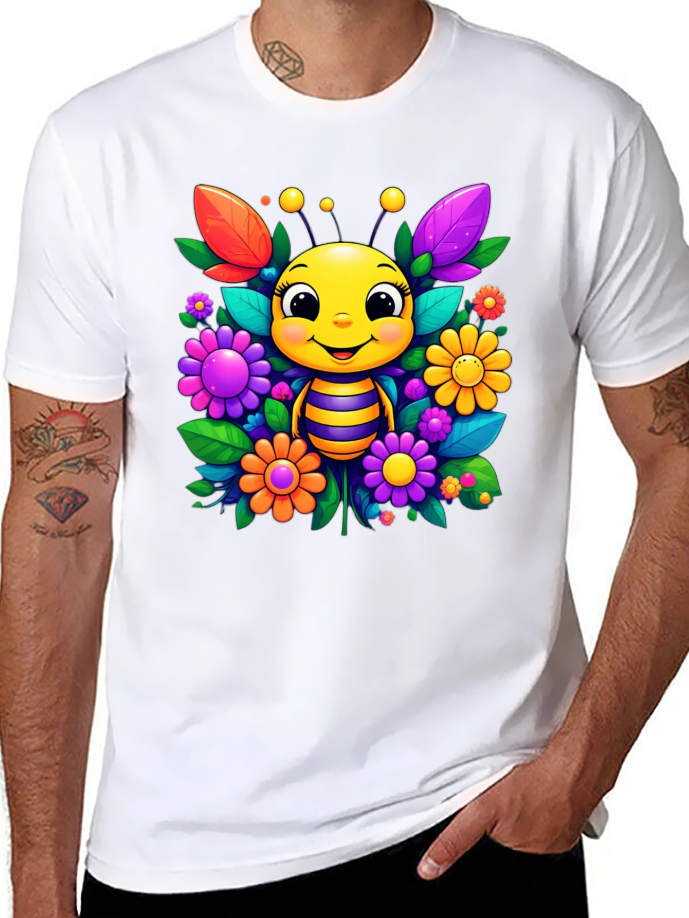 Cute Bee & Flower Graphic Tee - Black Unisex