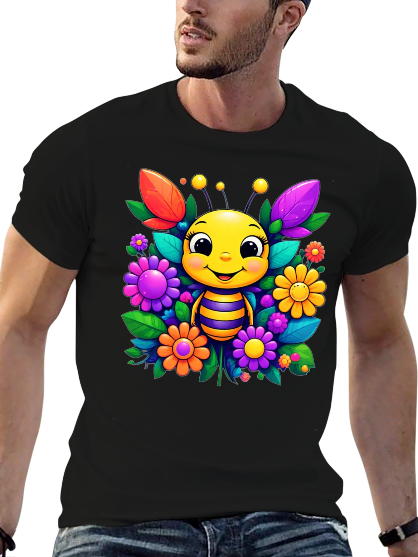 Cute Bee & Flower Graphic Tee - Black Unisex