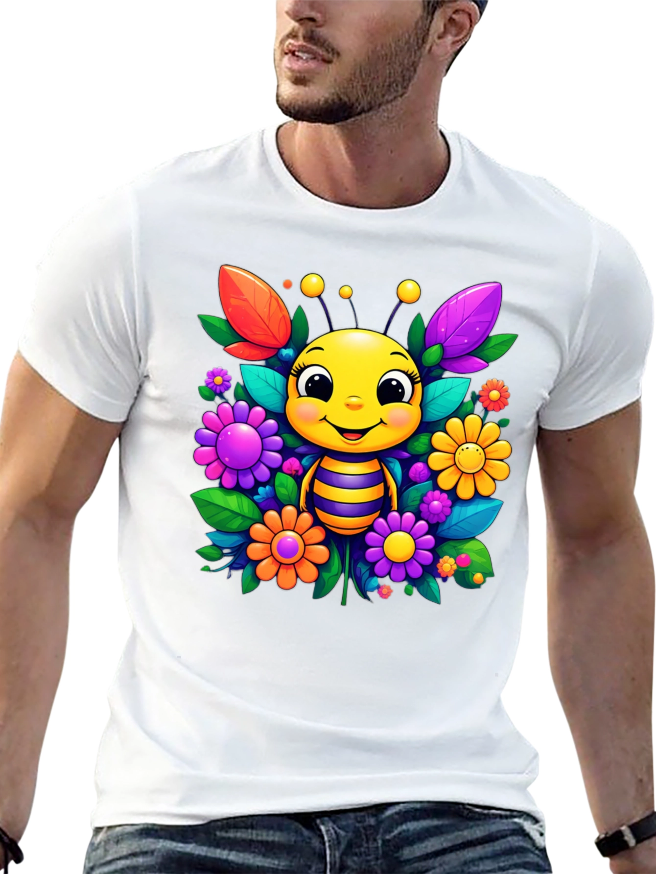 Cute Bee & Flower Graphic Tee - Black Unisex